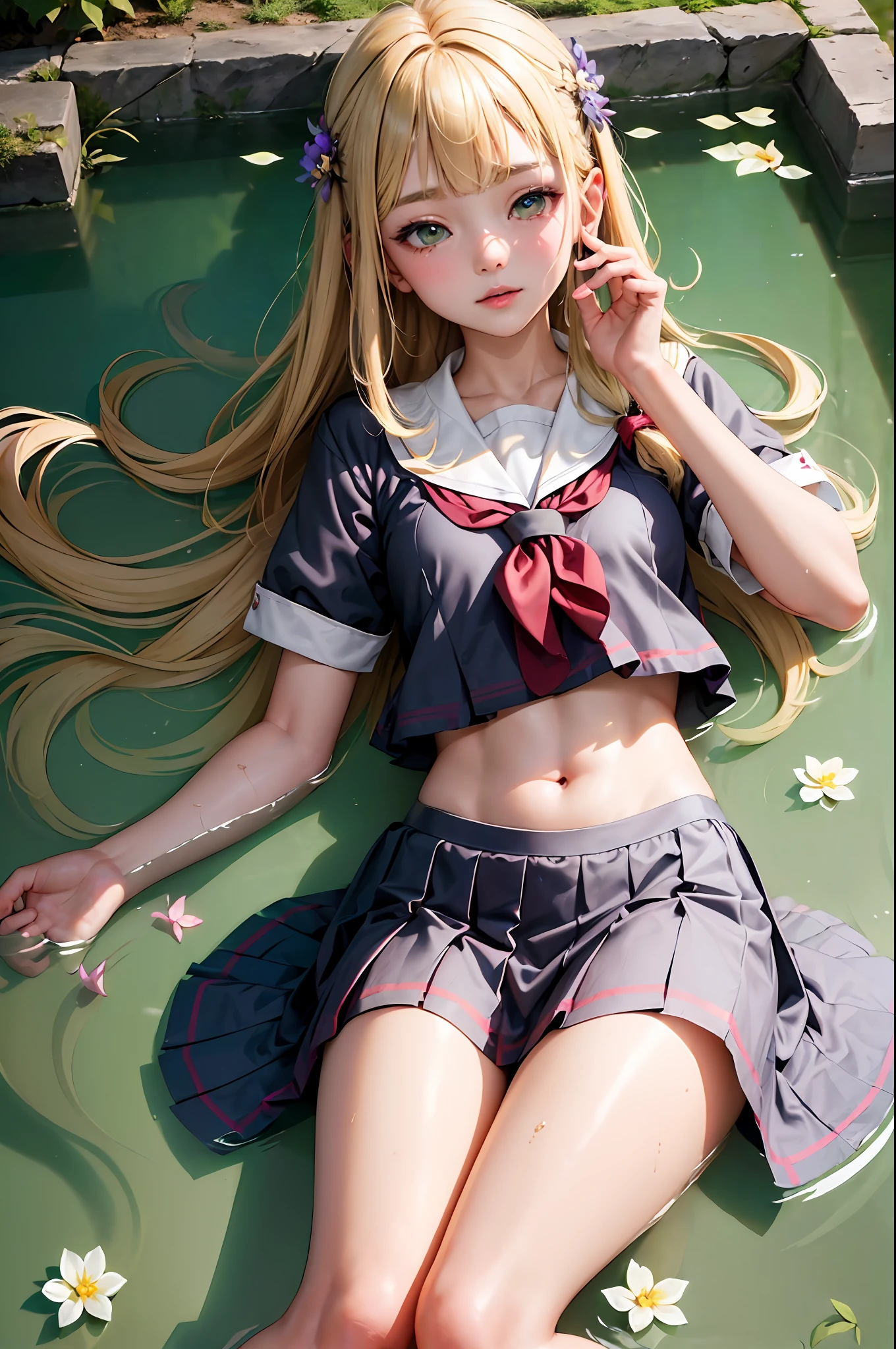 (perfect shadow:1.2),(best illumination:1.3),(high quality:1.1),(best lighting:1.2), An ancient korean beauty, laying on the water , blonde hair , green eyes, school uniform murals, gorgeous ancient korean , korean school uniform costumes, flowing tulle, exposed navel, random hair color , flower hairpins, cgstation popular --v 6