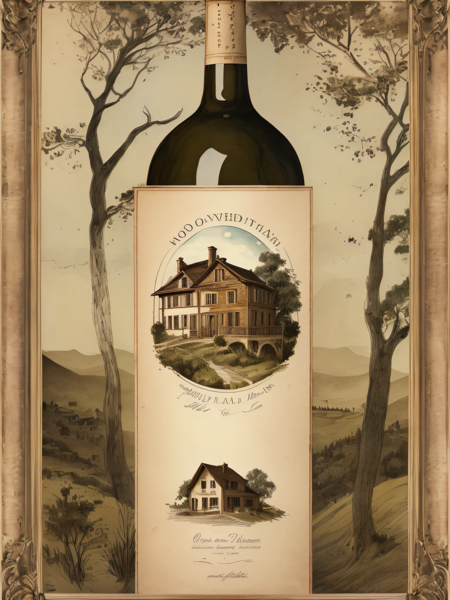 (an exceptional quality), (a wine bottle label with illustration on old paper), (a house on a hill with a vineyard next to it), pencil drawing, vintage frame, earthy tones, fine lines, clean and elegant composition. --auto --s2