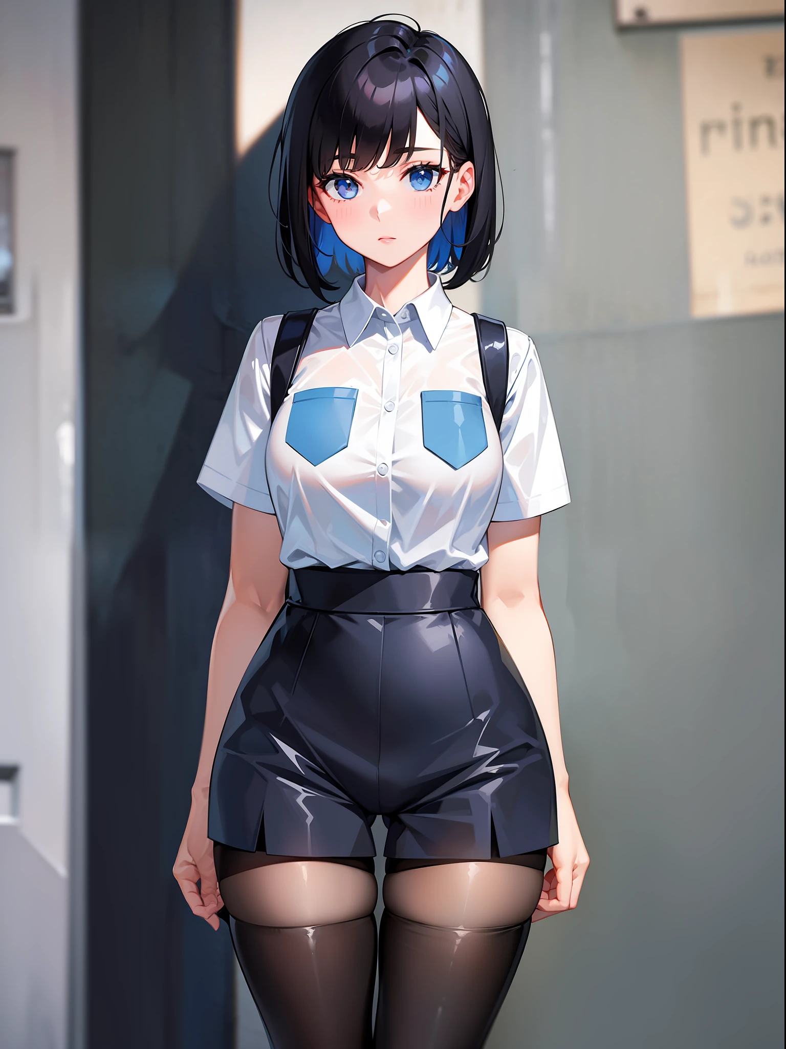 Black hair short, short clothes with white collar sleeves, blue shorts, black pantyhose, girl, outdoor