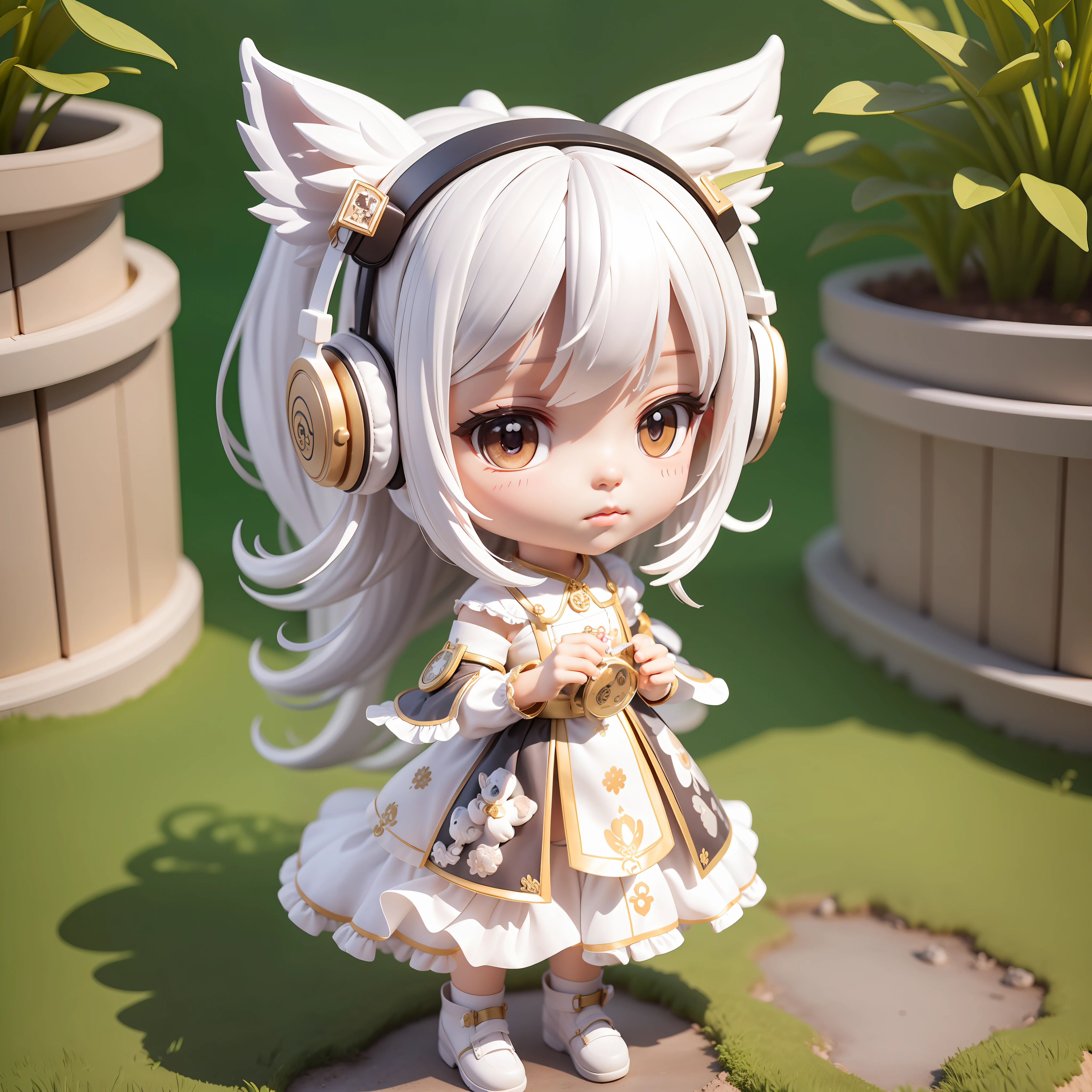 Masterpiece, best quality, lots of detail, (full body:1.2), chibi, 1 dog girl, white hair, magic dress, light headphones, 3D rendering, Q printmaking style