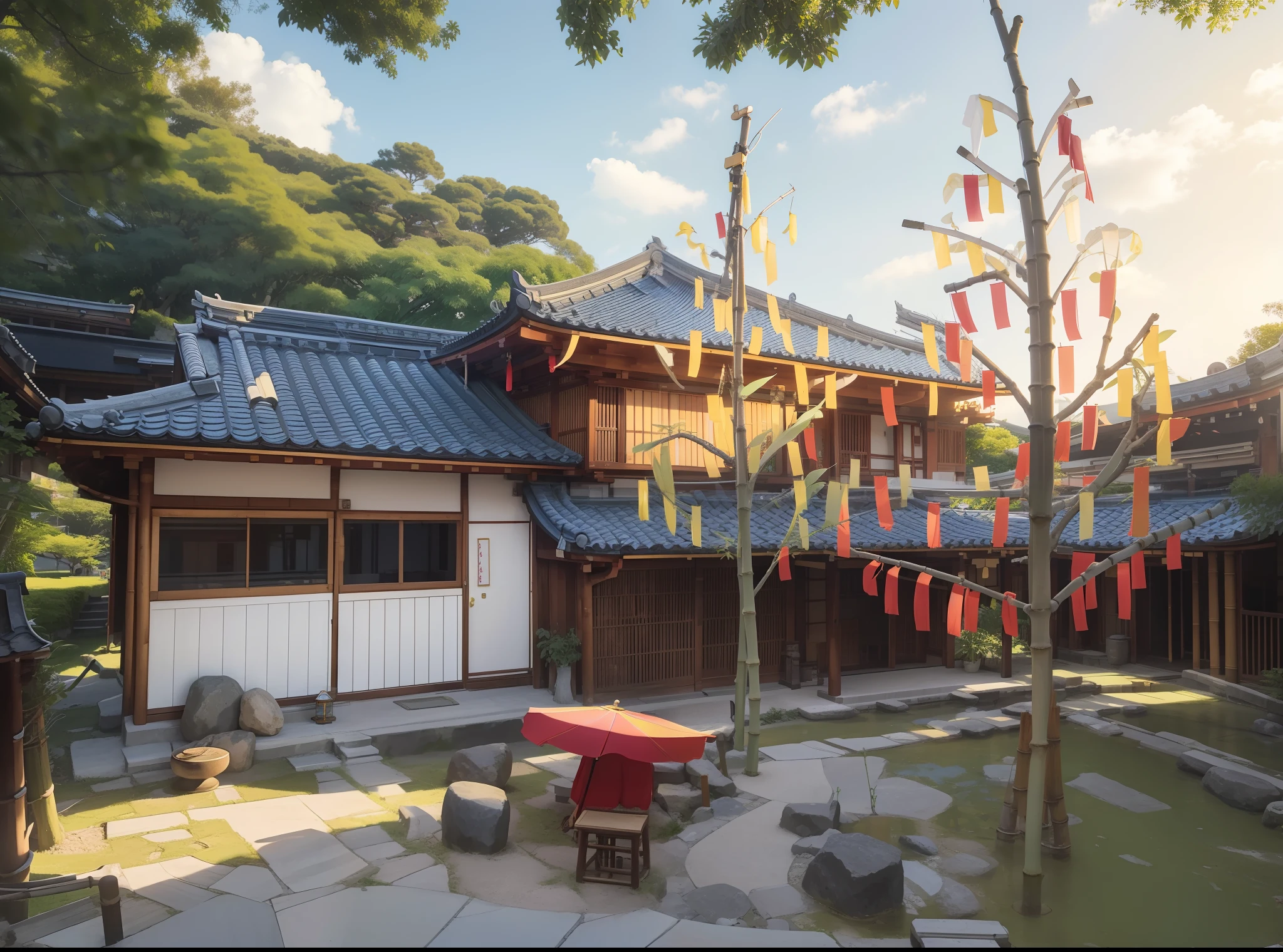 ((masterpiece)),best quality,ultra-detailed CG,high precision,Tokyo atmosphere,traditional Japanese homes],Tanabata,Bamboo leaves,Tanabata ornament,[-:](Bamboo with colorful strips of red & blue & yellow & white & black),Passionate [positive emotion],28 years old,Outdoor [ location], daytime, exit to blue sky, blue sky, wide sky, enclosed sky, pale shade, pale hue, Optimistic [情绪], white wall storehouse building on right, stone desk, stone chair, bright garden, fantastic color sky