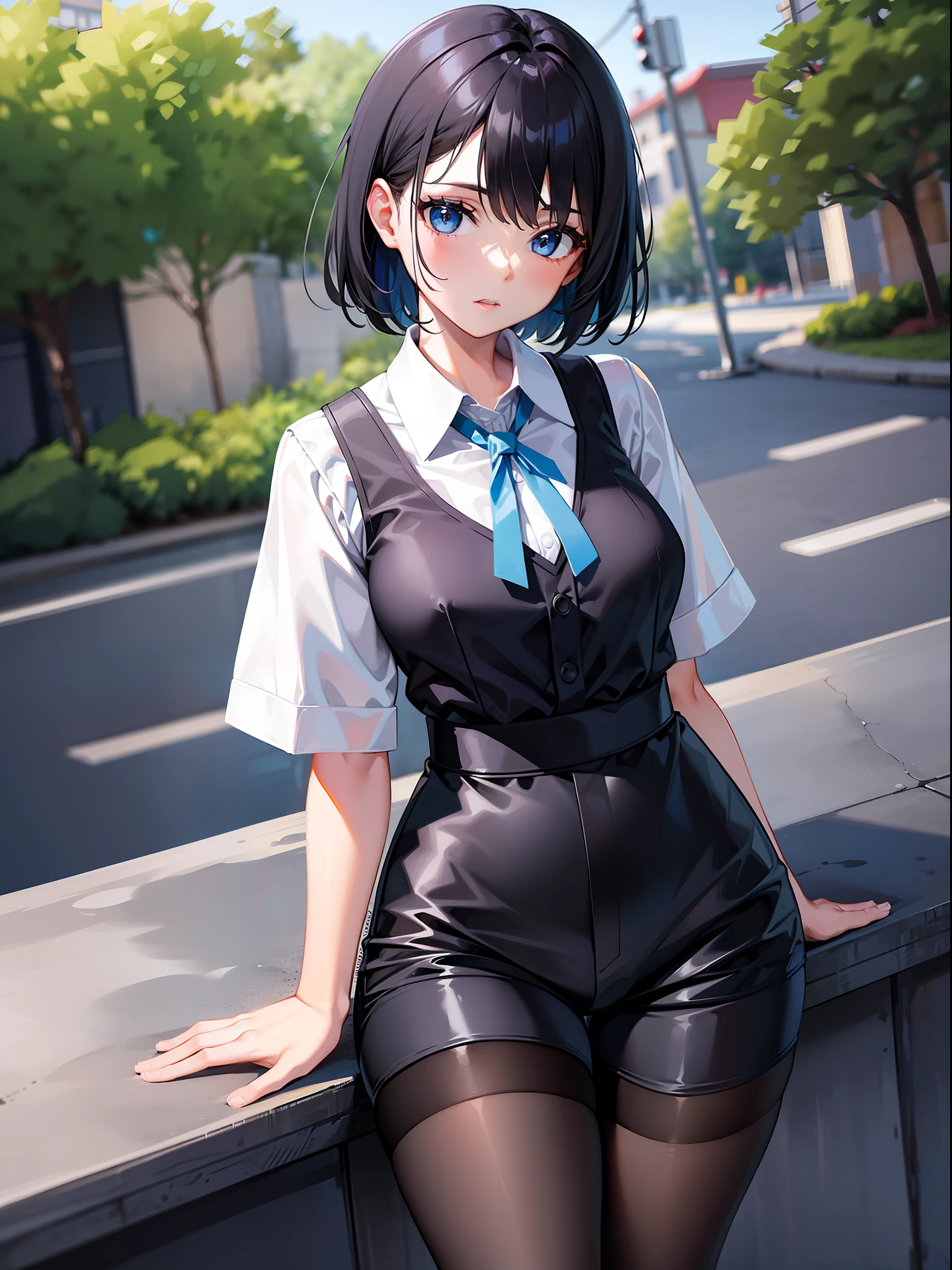 Black hair short, short clothes with white collar sleeves, blue shorts, black pantyhose, girl, outdoor