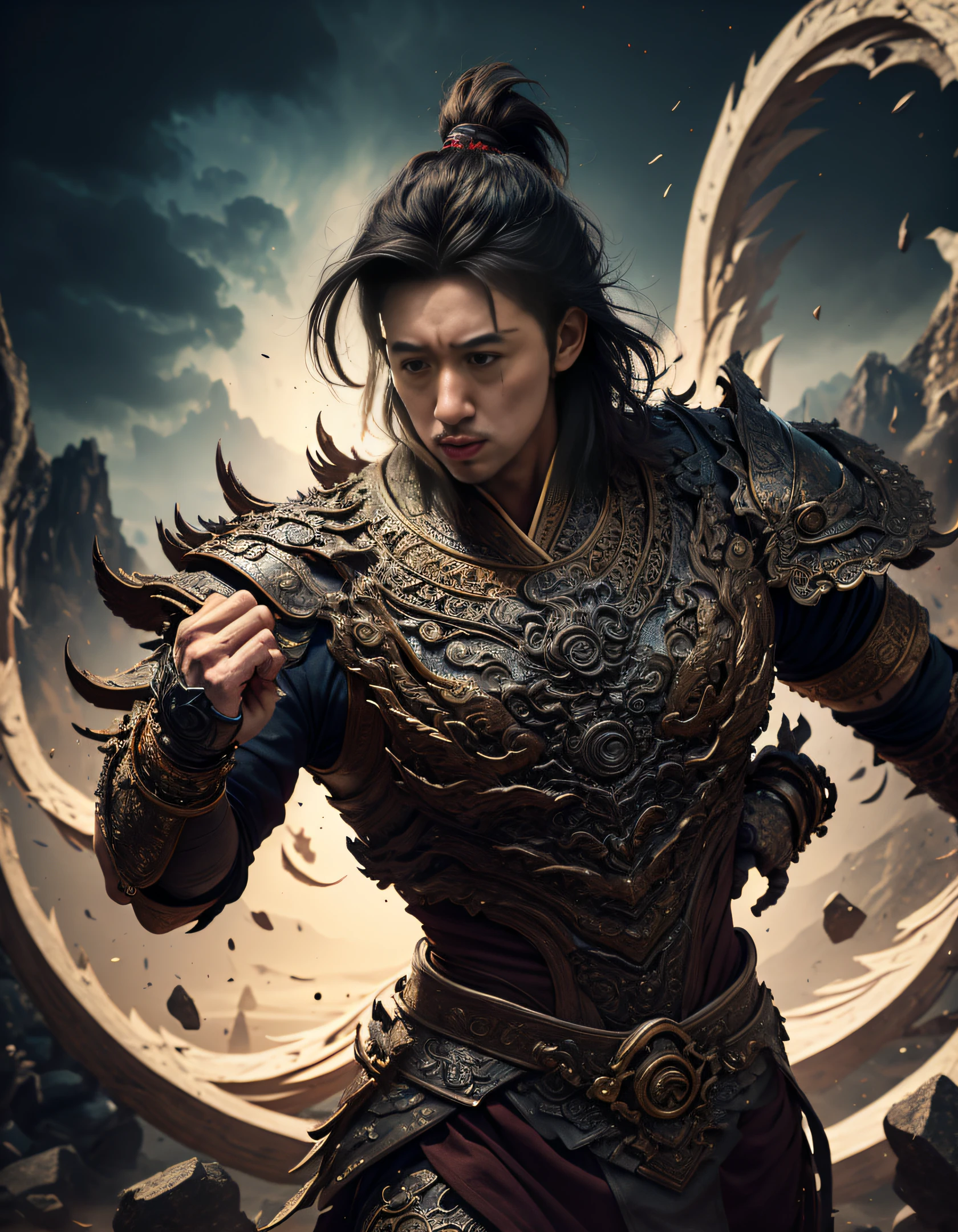 Best Quality, Masterpiece, Ultra High Resolution, (Realistic: 1.4), Xiuxian, Weapon, Detailed Face, .1 Boy, Solo, Weapon, , (Magic Circle: 1.2), Xiuxian, Upper Body, Sheath, (Absurd, High Resolution, Ultra Detailed), Asian, 1 male, eighteen-year-old boy, handsome, tall muscular man, broad shoulders, very short hair, bottom cut, dark brown eyes, fine eyes and detailed face, extremely detailed CG Unity 8k wallpaper, intricate details, (Style Swirl Magic: 0.7), Looking at the Audience, Solo, (Full Body: 0.8), Detailed Background, Detailed Face, Hair Fluttering in the Wind, Martial Artist, Dynamic Pose, Fighting Pose, Clenched Fist, Fingerless Gauntlet, Wristband, Dragon Themed Costume, Monk Robe, Alpine Mountain Background, Rotating Floating Particles, Dynamic Composition, , Hanfu, Stone, Stone Background, Stone Chinese Sculpture, Sand Flowing, Big Muscles
