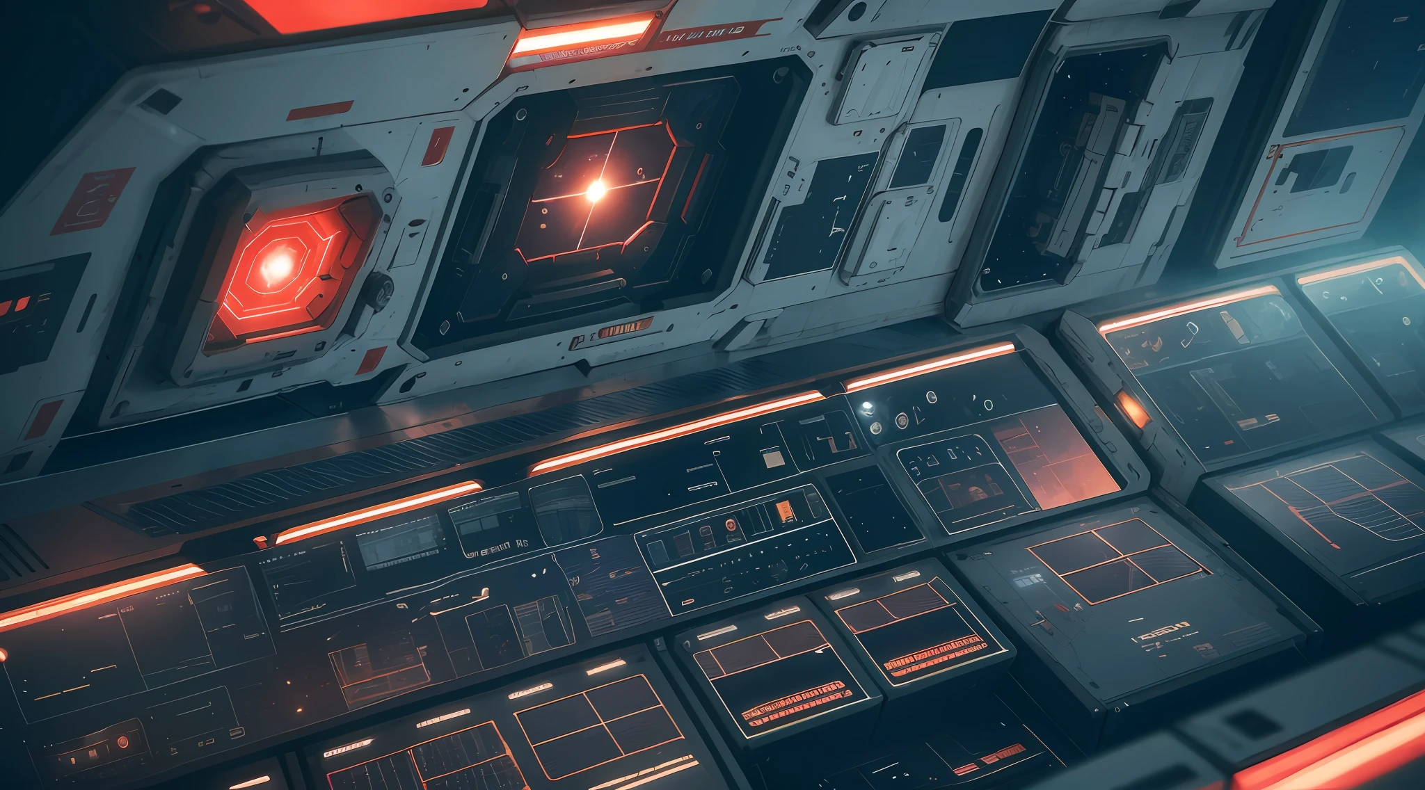 space station, capsule interior, control, lots of displays, sound alarm, red light, concept art, futurism, surrealism, high detail, cinematic lighting, close up, super detail, ultra hd, metallic texture, metal wear