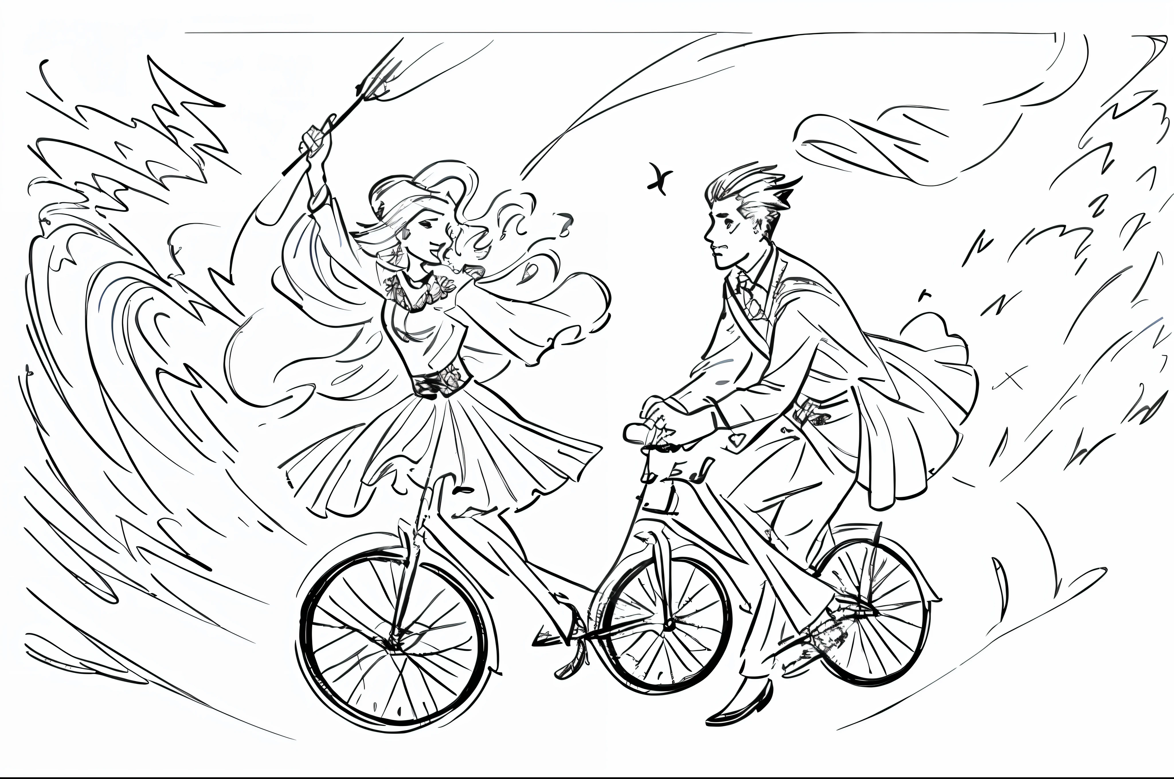 Drawings of men and women cycling in meadows, nature, hillsides, concept pieces, coloring - in worksheets, full-page illustrations, coloring book pages, extremely fine ink line art, stylized lines, (inktober), Britney Lee, inspired by Henry Justice Ford, Jamie Coulson, Clean Lines, Charlie Beauvott and Artgeem, romantic vignette!
