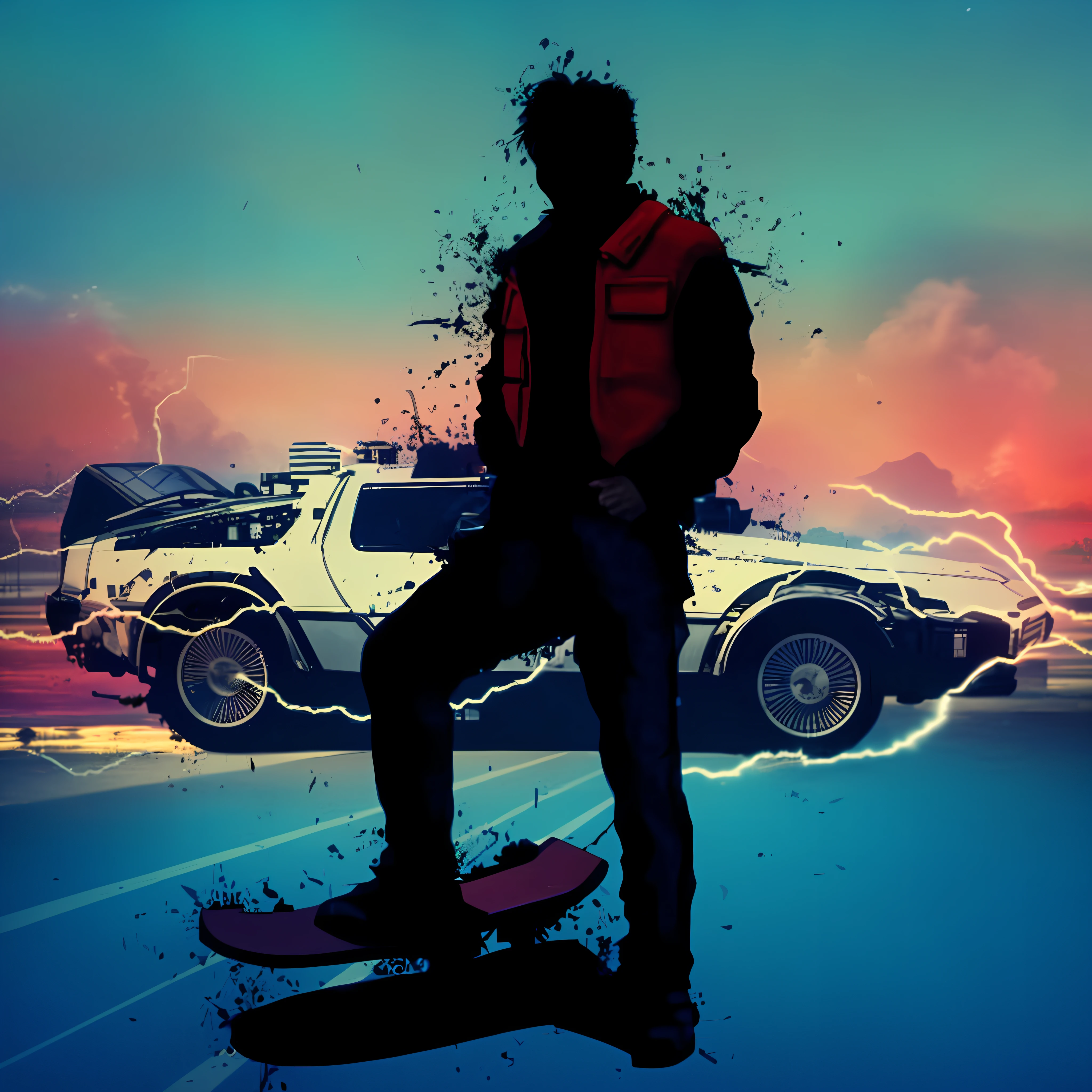 there is a man riding a skateboard on a street, starring marty mcfly, marty mcfly, back to the future, 1 9 8 0 s retro sci - fi art, masterpiece epic retrowave art, female marty mcfly, delorean background, epic retrowave art, retro-future, retrowave art, retro sci - fi art, 8 0 s art, retrofuture