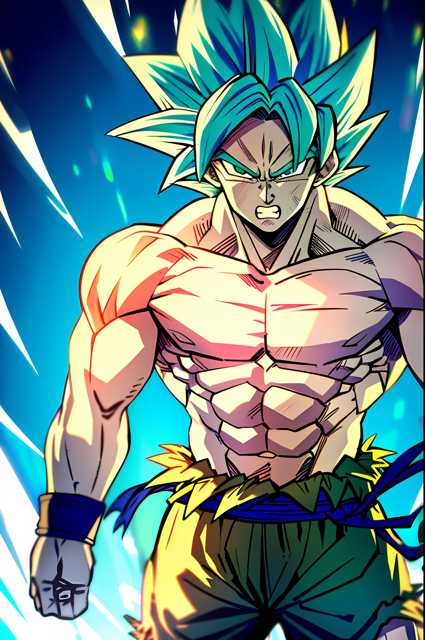 son goku, 1boy, brave, battle damage, blue hair, blue belt, clenched teeth, furious, green eyes, male focus, muscular, muscular male, pectorals, band, solo, spiky hair, super saiyan, super saiyan 1, teeth, man topless, torn clothes, bracelet, ((masterpiece))