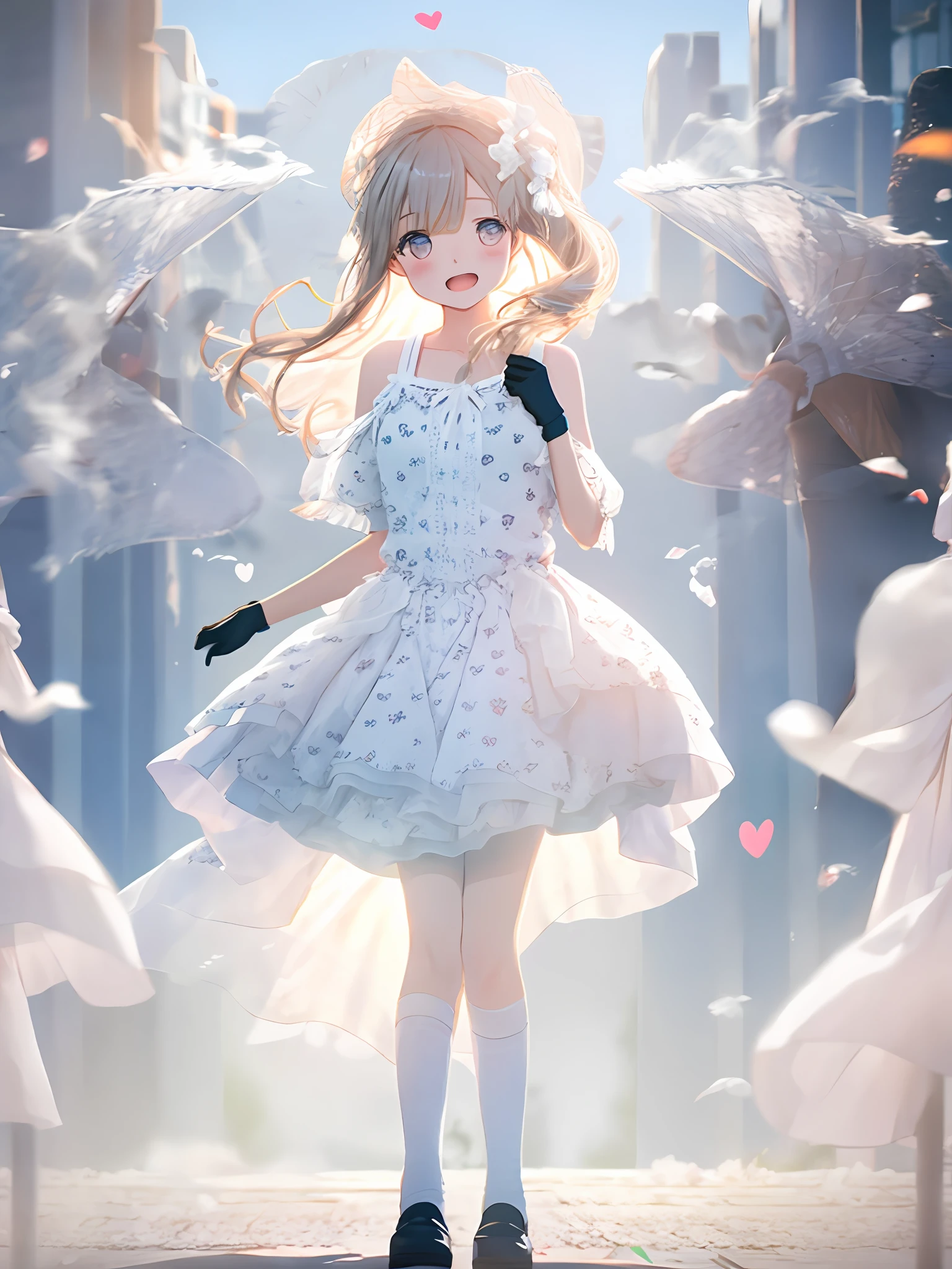 A girl, wearing a skirt, the wind blows the skirt, full body portrait (shy: 1.1), (open mouth: 1.1), (eyes open: 1.2), bright light, background blur, depth of field, blurred background, light particles, strong wind, (heart particles: 1.1)