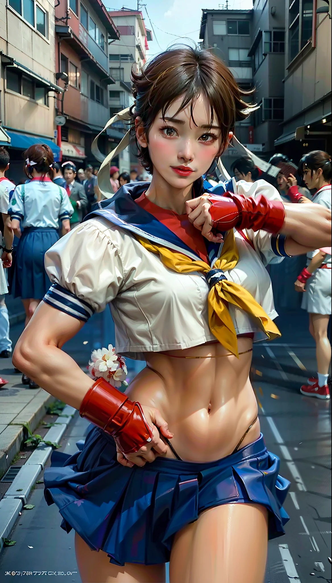 Cinematic photography of Sakura from Street Fighter, a beautiful young female fighter wearing Japanese high school clothes, showing her belly, short hair, realistic skin texture, lean and warm body, background a cinematic traditional Japanese city. 8 5 mm art lens, f 1. 2, sharp focus, 8K high definition, insanely detailed, intricate, elegant, art by Stanley Lau and Artgerm