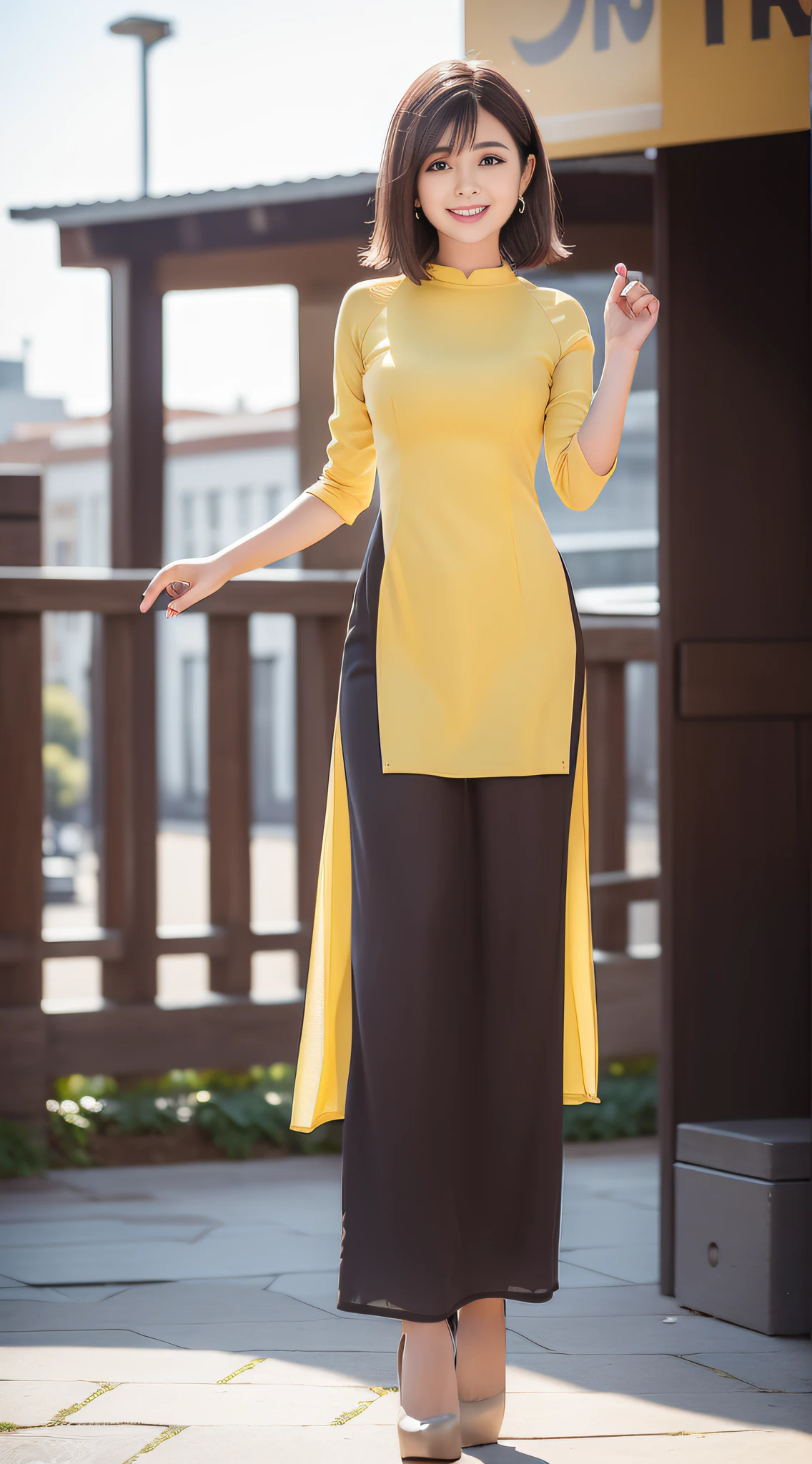 ((Best Quality, 8k, Masterpiece: 1.3)), 1 Girl, Smile, (Full body: 1.6), slender, outdoor, slim face, Beautiful woman, short hair, (dark brown hair), yellow clothes, shirt, wide leg pants, high heels, short hair, facing the audience in front, super detailed face, detailed eyes, double eyelids, blurred background, city, outside, standing
