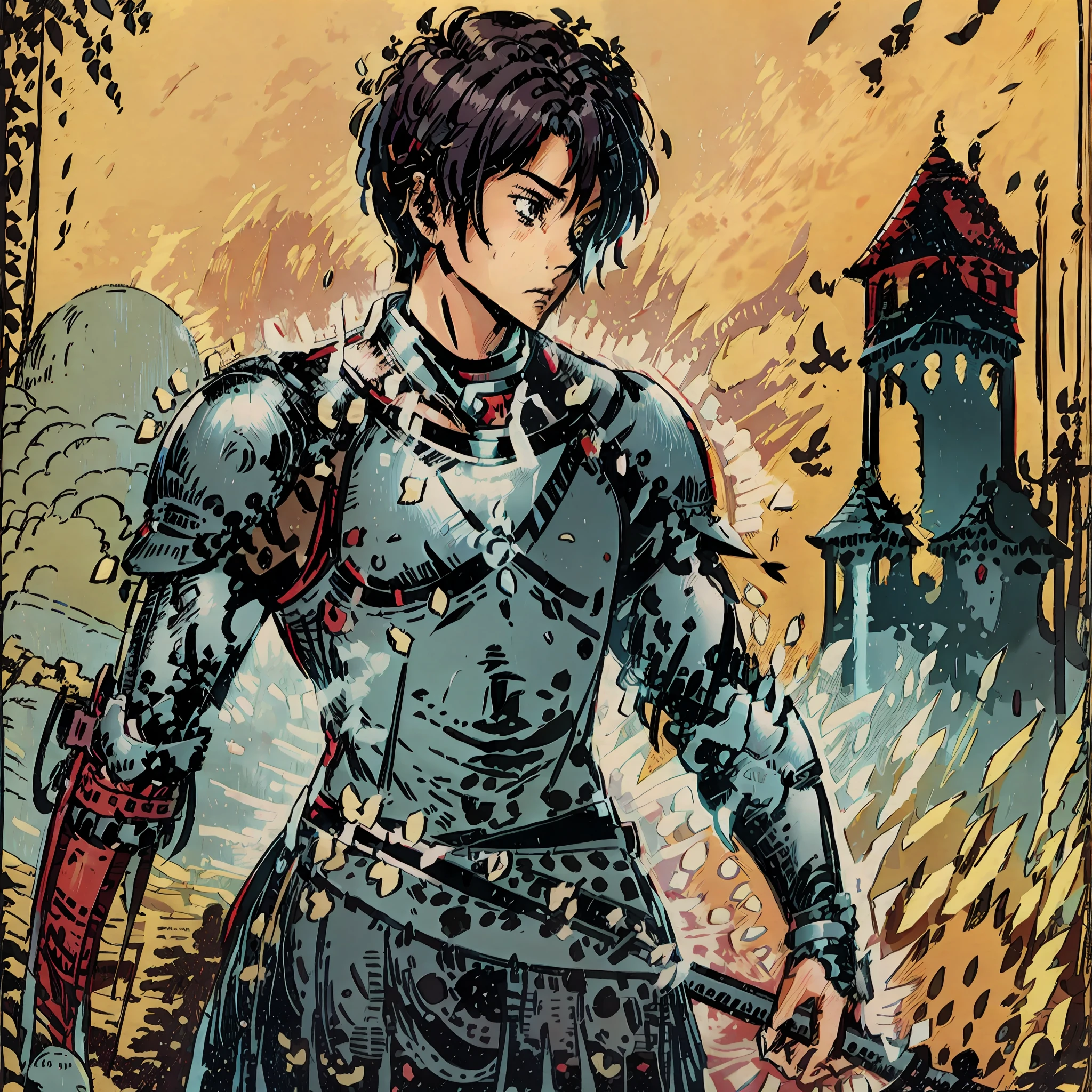 cartoon style. A young warrior in his iron armor with a sword behind his back