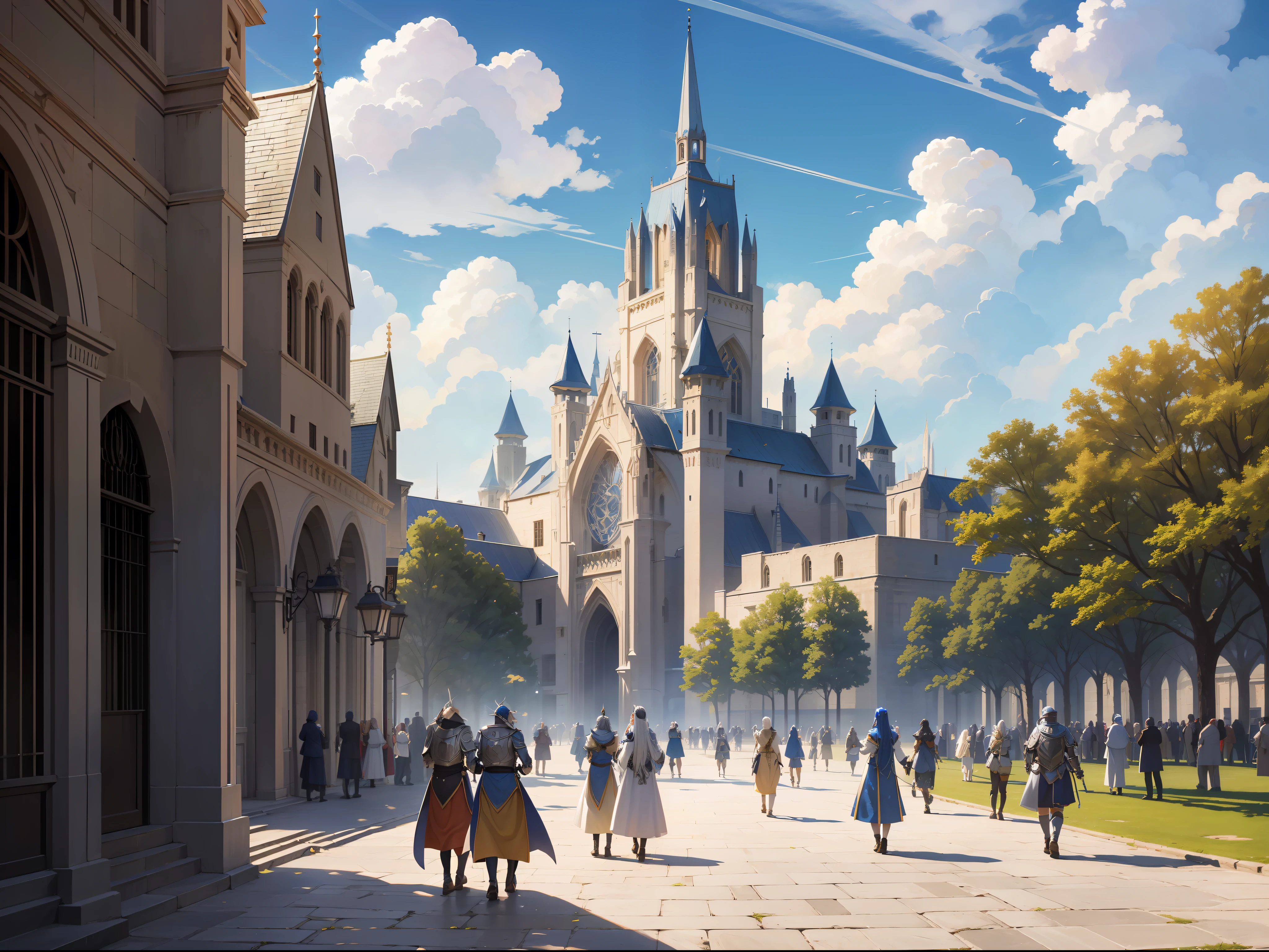 (High precision, precise details), anime, high resolution, ancient magic, elegant, medieval style, town, square, silver armored knight, exotic, magical brilliance, blue sky, white clouds, trees, prosperity and liveliness. crowd