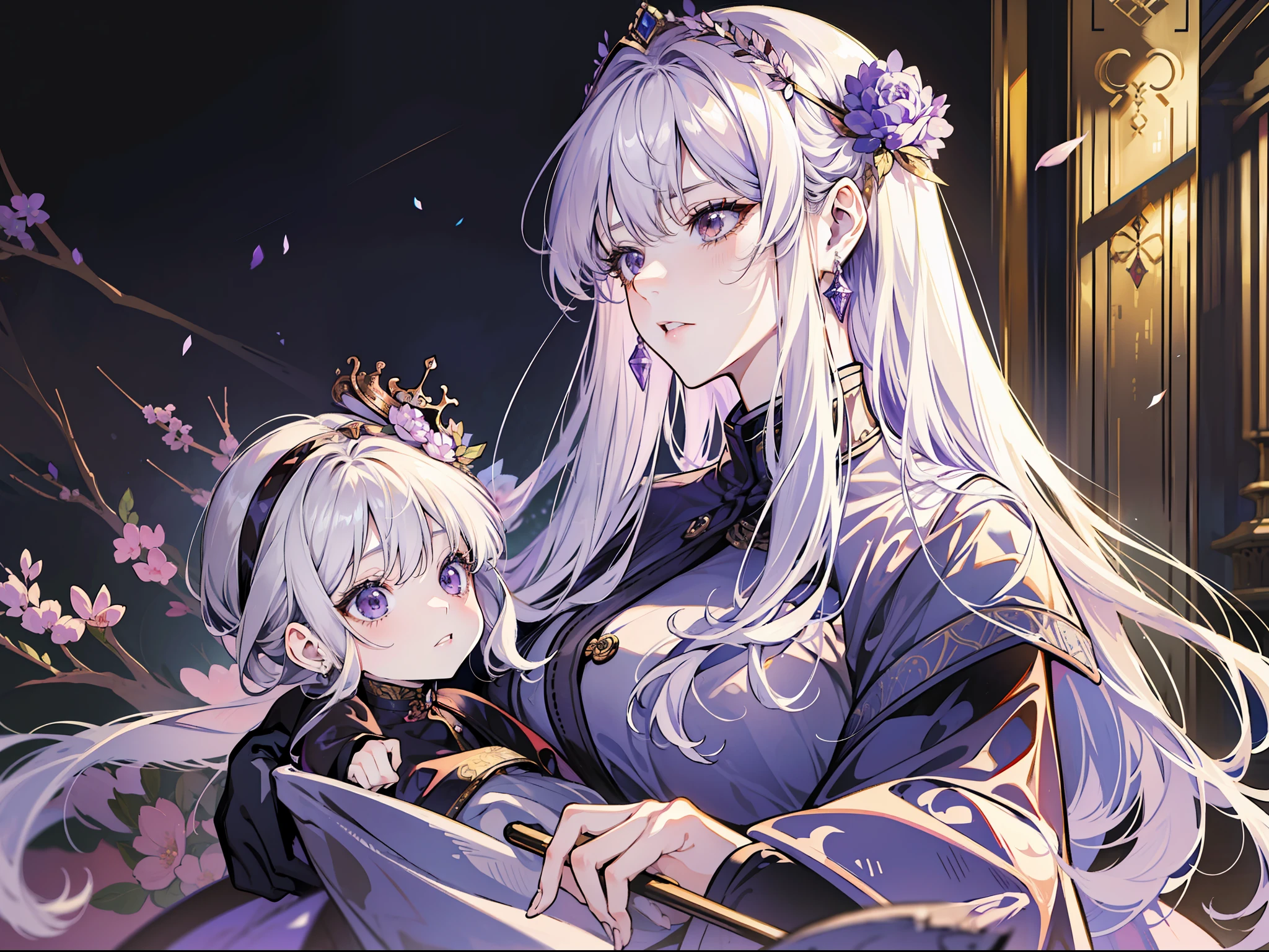 (absurd, high resolution), (panorama), ccurate, anime, high detail, a woman, mature, beautiful, tall, queen's dress, lilac complex dress, fine, brown eyes, pale blonde hair, wearing a silver crown, irritated, serious, in the palace, magical, antique, holding a , vista