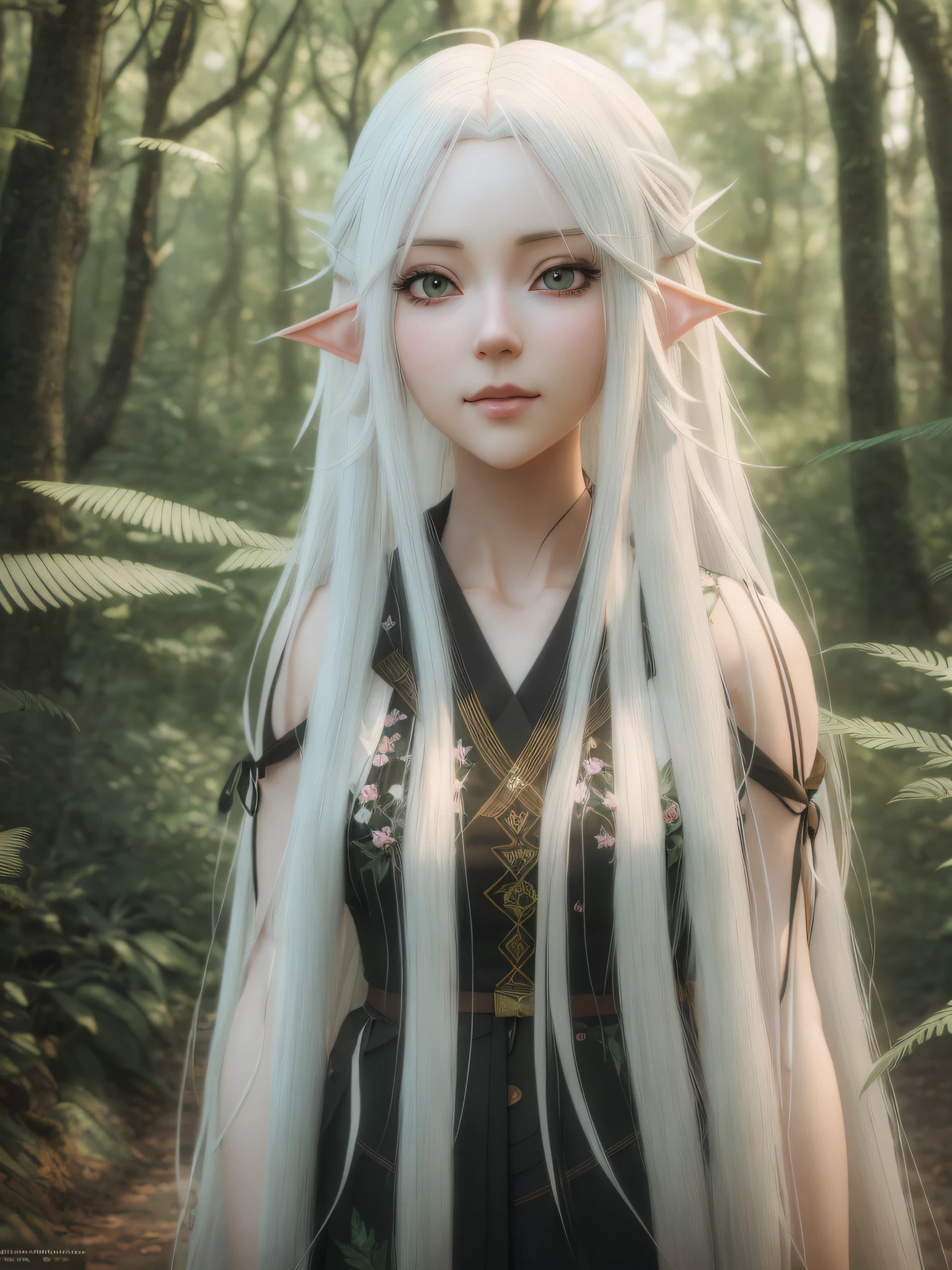 woman with long white hair in a forest, perfect white haired girl, girl with white hair, realistic 3D anime, Guweiz style art, hyper realistic anime, photorealistic anime girl render, photorealistic anime, Deviantart Artstation CGSCOSIETY, 3D style realistic anime, realistic anime, anime style. 8k, elf, realistic, open palms