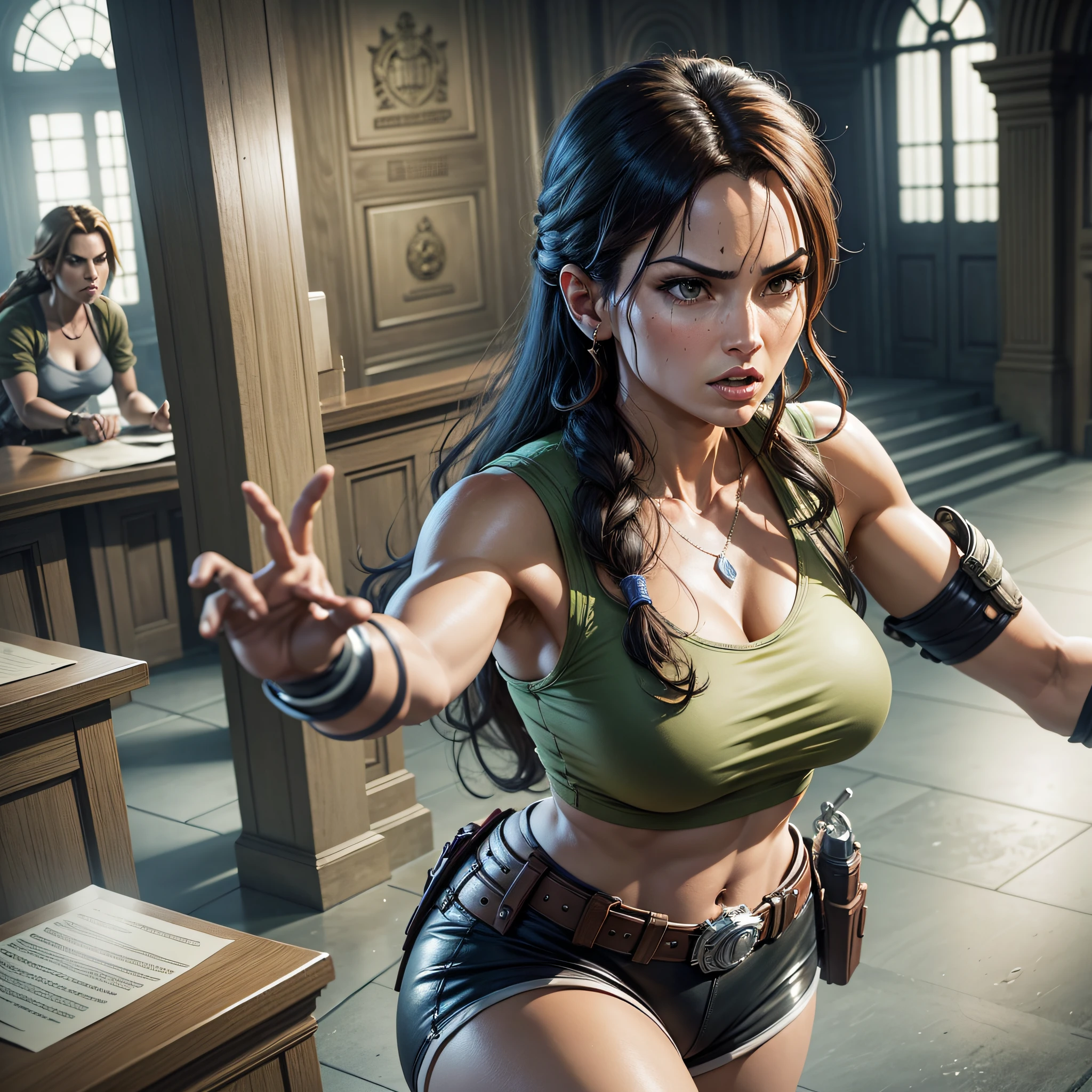 a featured image of the courtroom on trial, with iconic characters from the games, such as Mario accusing Lara Croft, in funny poses or interacting with the scene. --auto --s2
