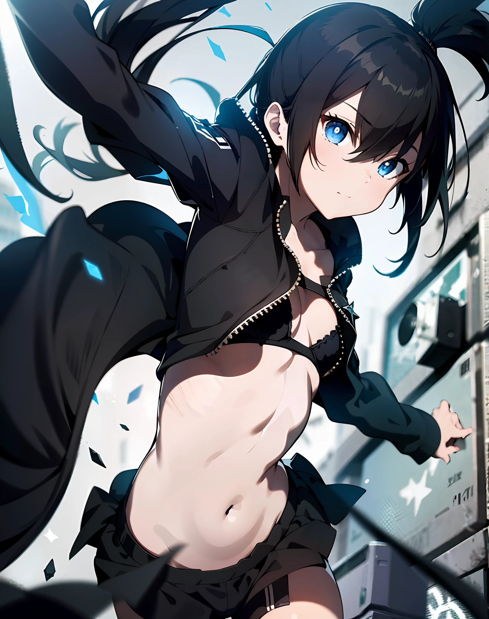 1girl, (solo:1.2), ((masterpiece)), (shadow), [slim], (small breasts), ((sharp focus)), pale skin, ((detailed eyes)), (blurry background), black rock shooter, twintails, bra, jacket, black hair, shorts, armpits
