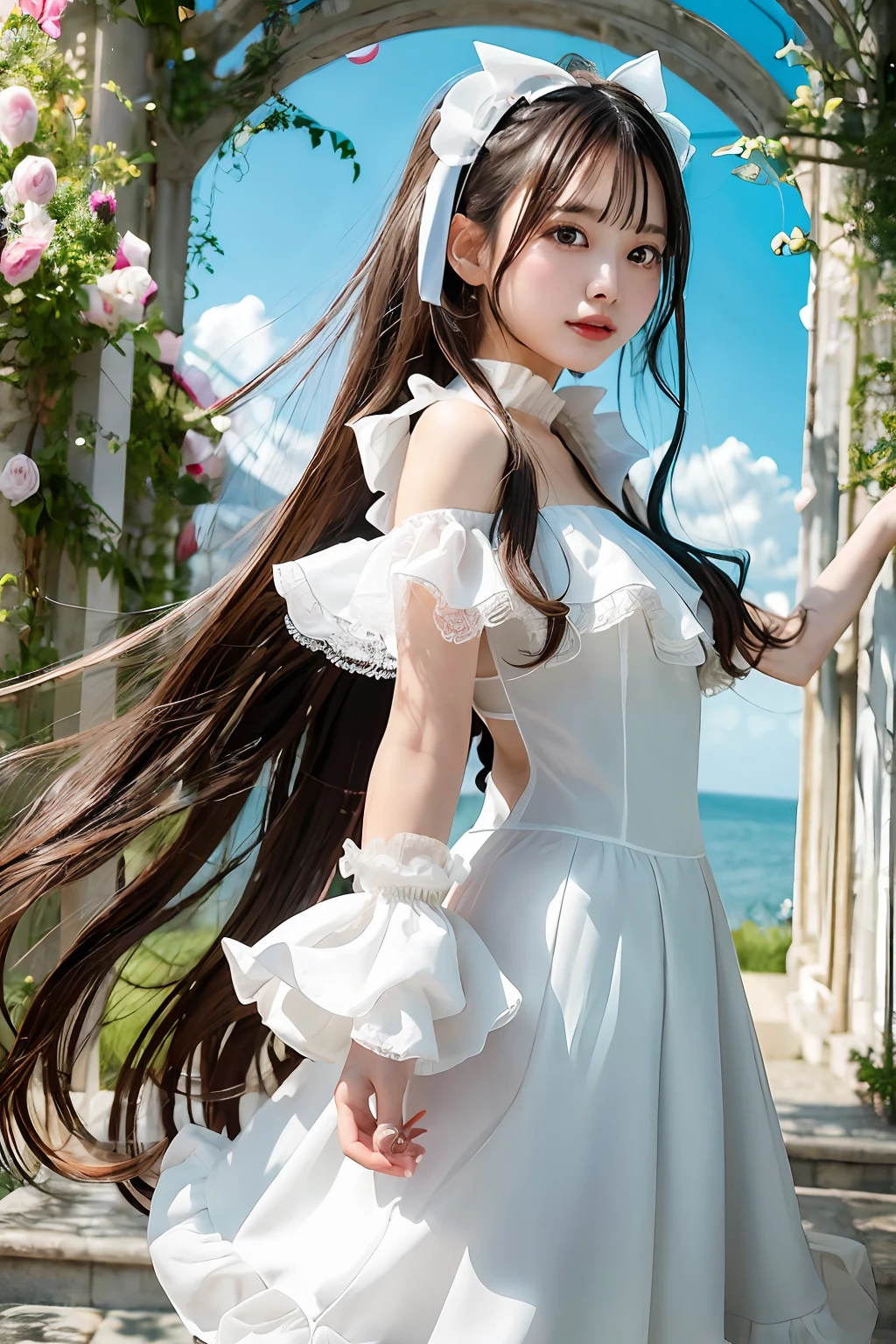 there is an ancient palace beside the girl, a extremely delicate and beautiful girl, photorealistic, incredibly absurdres, Abstract art, Show from the hips to the shoulders, grabbing, extremely detailed body, woman, young,20 years old, very long hair, floating hair, light brown hair, two-tone hair, beautiful detailed hair, delicate beautiful face, light smile, clear eyes, parted_lips, black eyes, neck_ribbon, frilled_dress, jacket, white Clothes, floating palace, beautiful and clear background, beautiful sky, bloom, very precise detailed, absurdres, extremely CG,