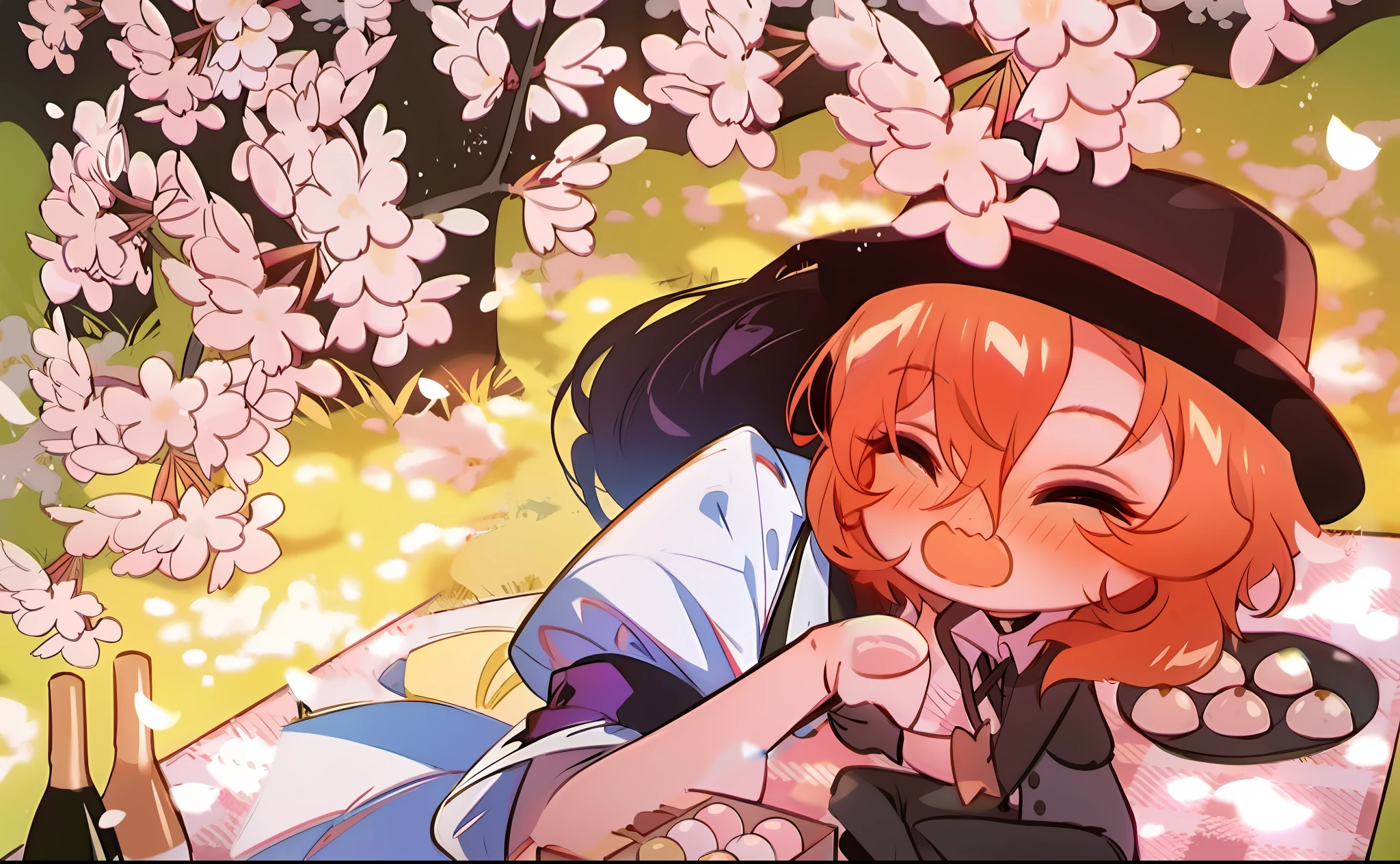 Girl, , black long fluffy hair, purple eyes, smiling, happy, low blush, white dress with cherrys on, chibi