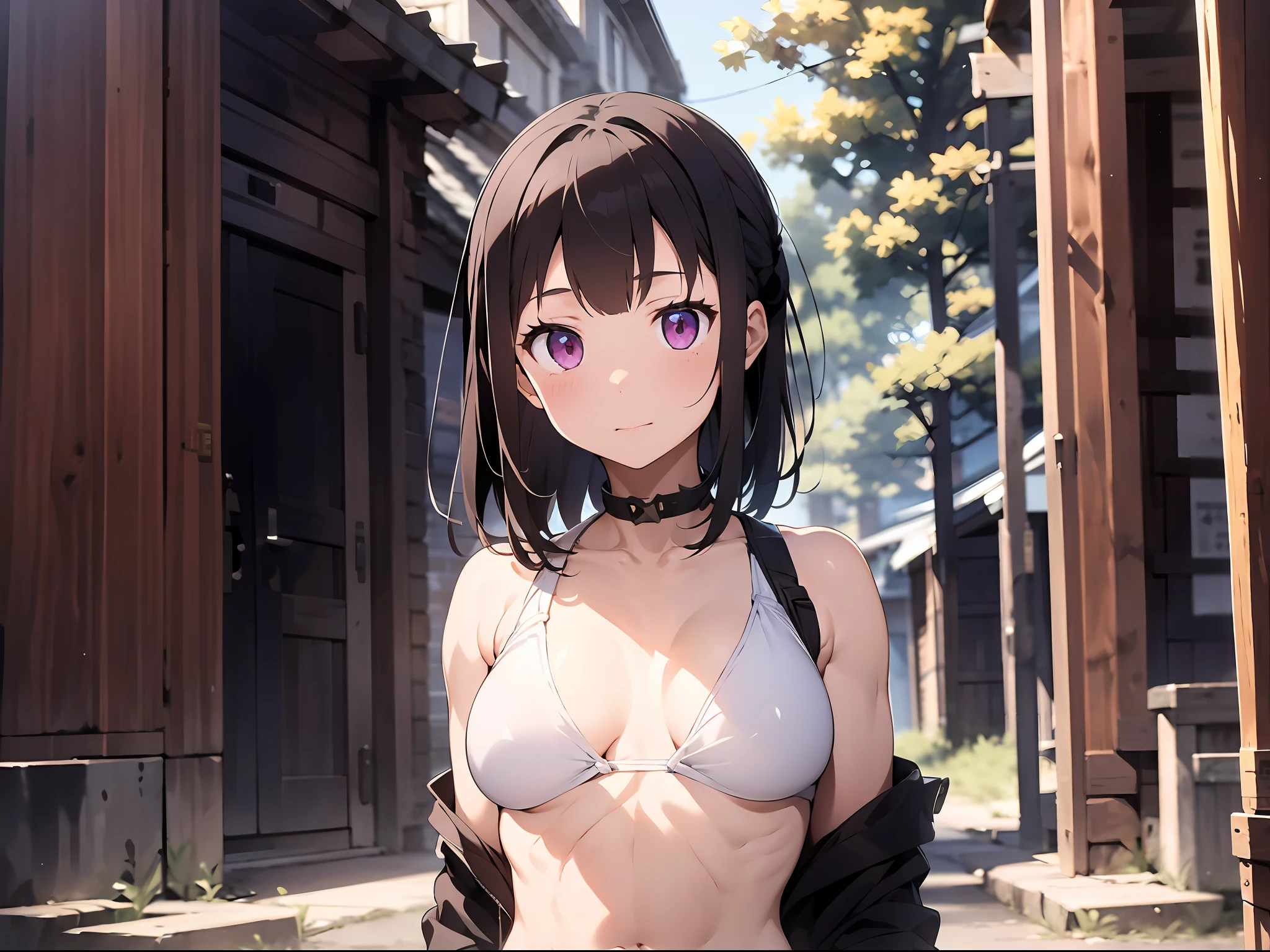 "1 girl, standing solo:1.2, in a masterpiece artwork, with shadow, slim figure, small breasts, sharp focus on her, pale skin, detailed eyes, and a blurry or bokeh background with flame effects."