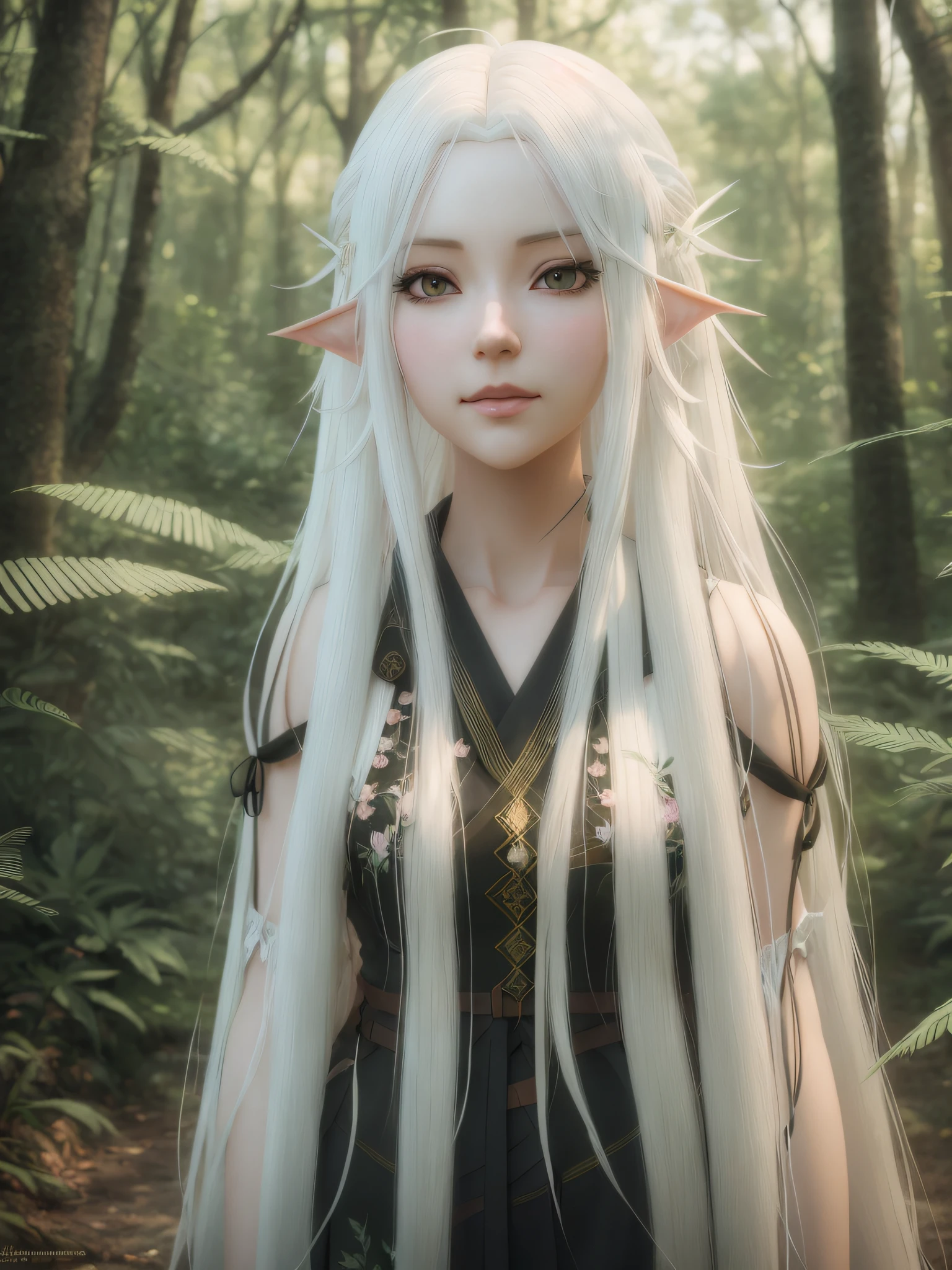 woman with long white hair in a forest, perfect white haired girl, girl with white hair, realistic 3D anime, Guweiz style art, hyper realistic anime, photorealistic anime girl render, photorealistic anime, Deviantart Artstation CGSCOSIETY, 3D style realistic anime, realistic anime, anime style. 8k, elf, realistic, open palms