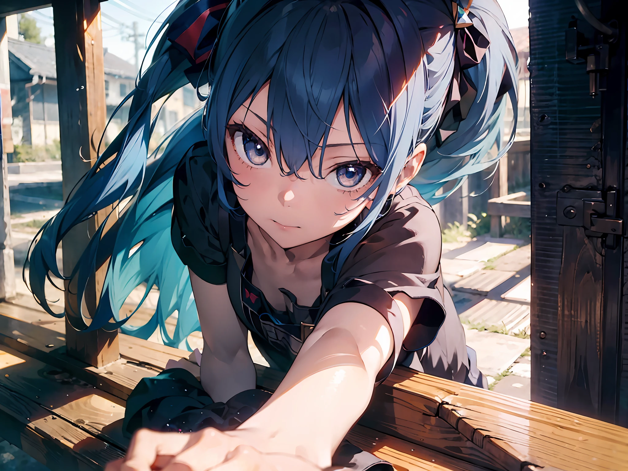 1girl, (solo:1.2), ((masterpiece)), (shadow), [slim], (small breasts), ((sharp focus)), pale skin, ((detailed eyes)), (blurry background), hoshimachi suisei, collarbone, ponytail, blue hair, closed mouth