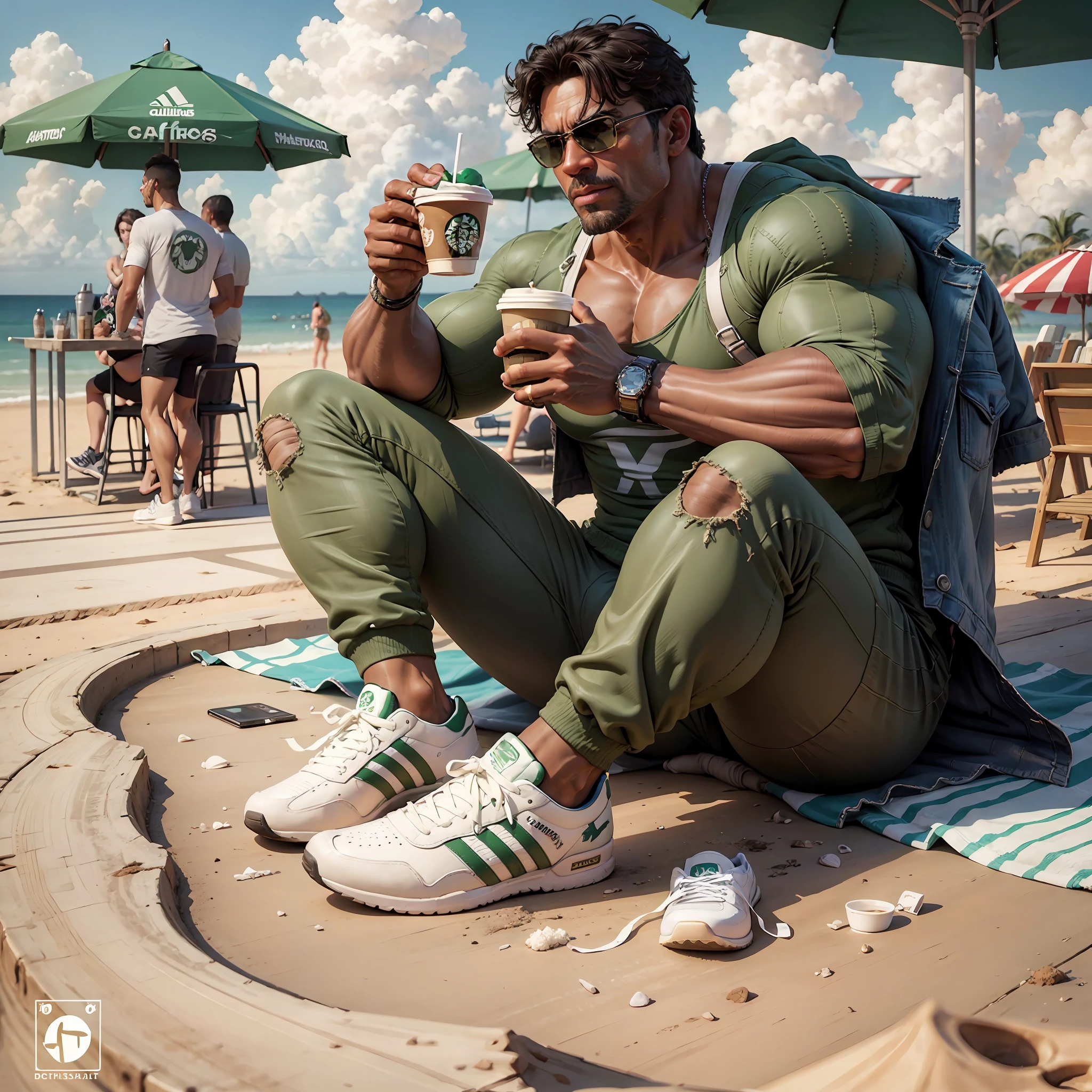 hulk, marvel, with adidas sneakers, having a Starbucks coffee, on the beach, (higth definition) (lots of details) 4k --auto --s2