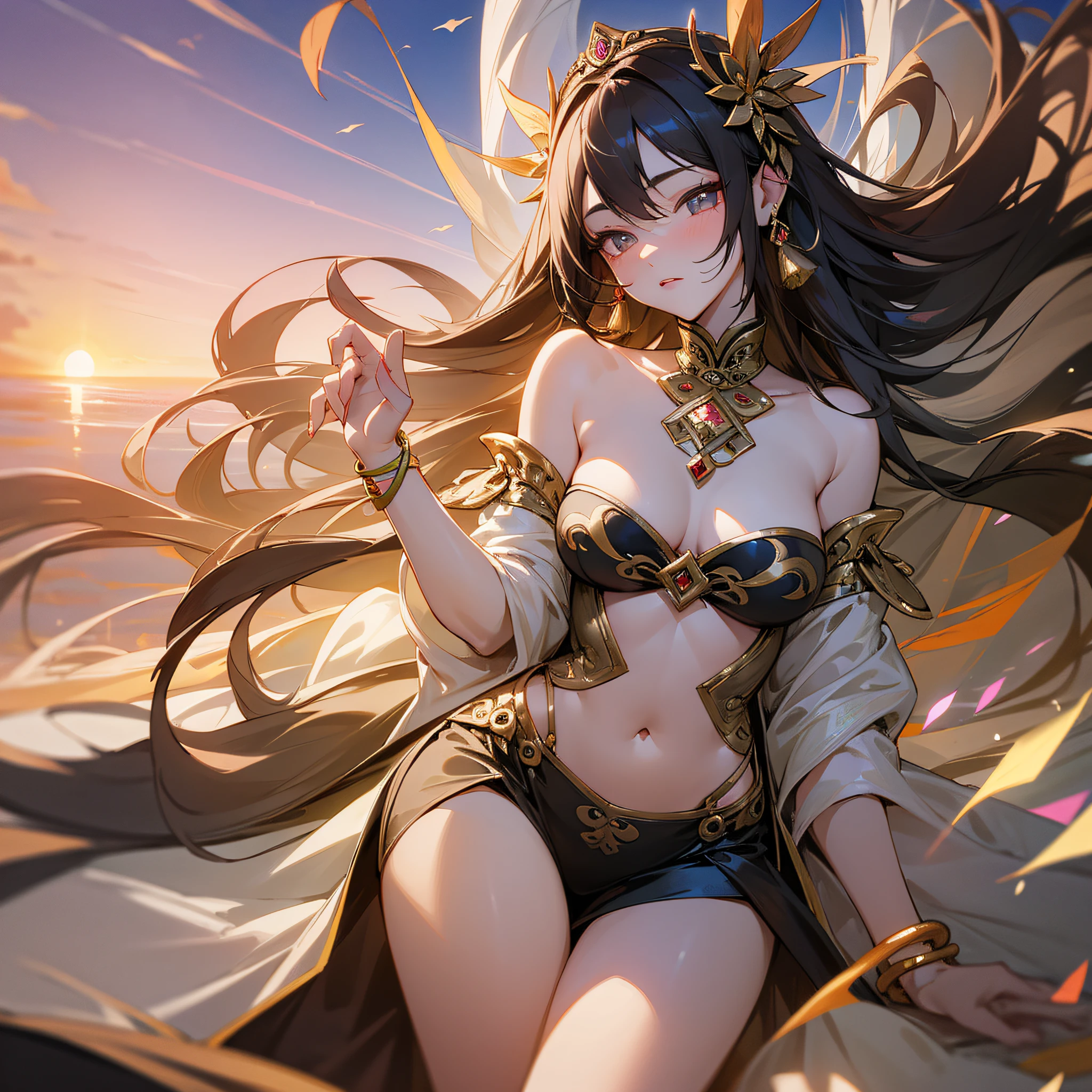 Dynamic lighting, high resolution, sharp focus, depth of field, best shadows, masterpiece, best quality, very detailed CG "Chinese ancient style, fairy fluttering, Dunhuang elements, graceful, 1girl, royal sister, expressionless, bracelet, leg ring, bare waist, delicate pupils, off-the-shoulder streamers, barefoot, pale pink lips, delicate facial features and gorgeous clothing, 18 years old, soaring, lying on the side, flying sky, pipa, semi-real, aesthetic, complete, facial details, body details, large clouds, sunset. " --auto --s2