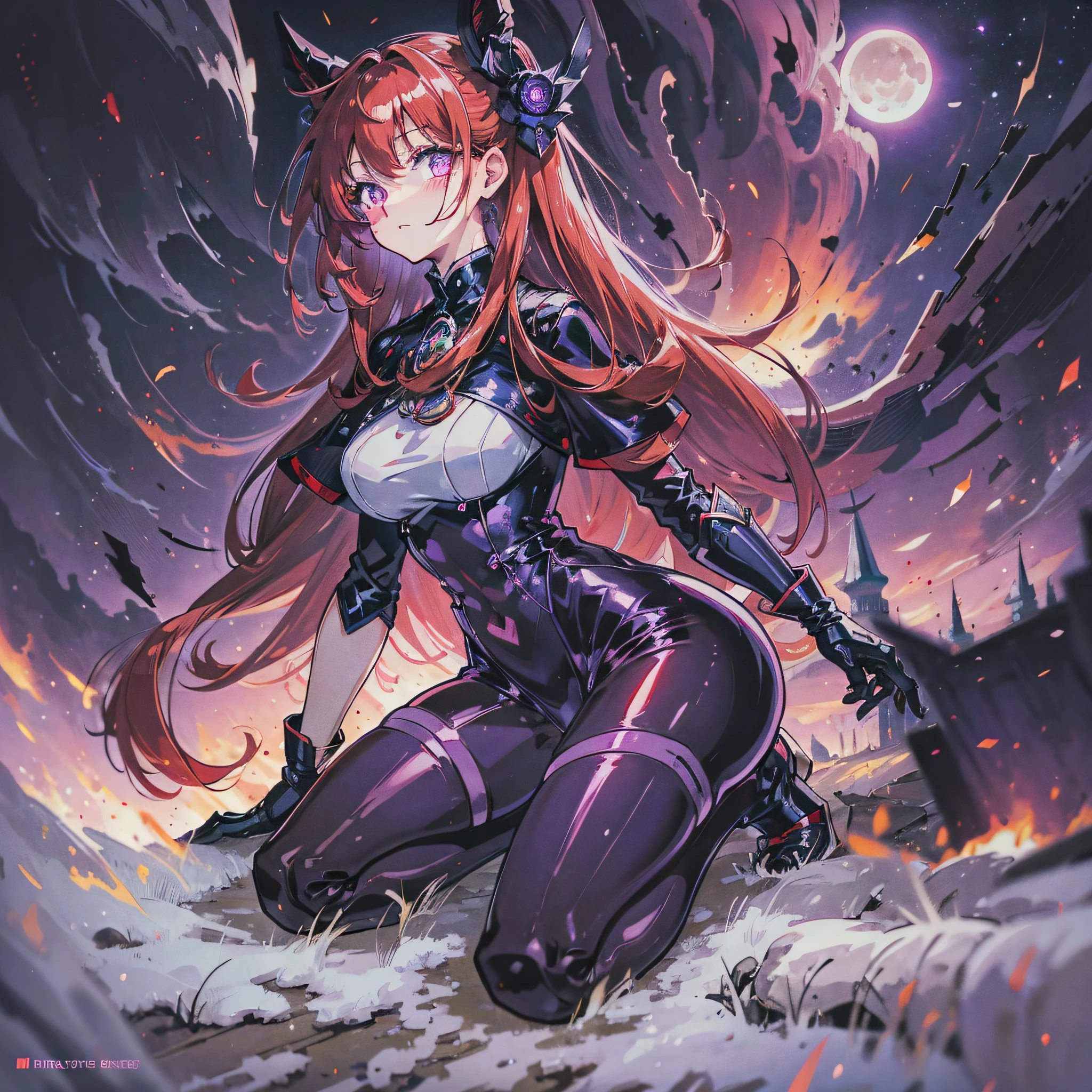 High quality, anime style, kneeling position, seductive, tights, blush, gloves, shiny eyes, closed mouth, red hair, purple eyes, dark night, moon, bangs, --auto --s2