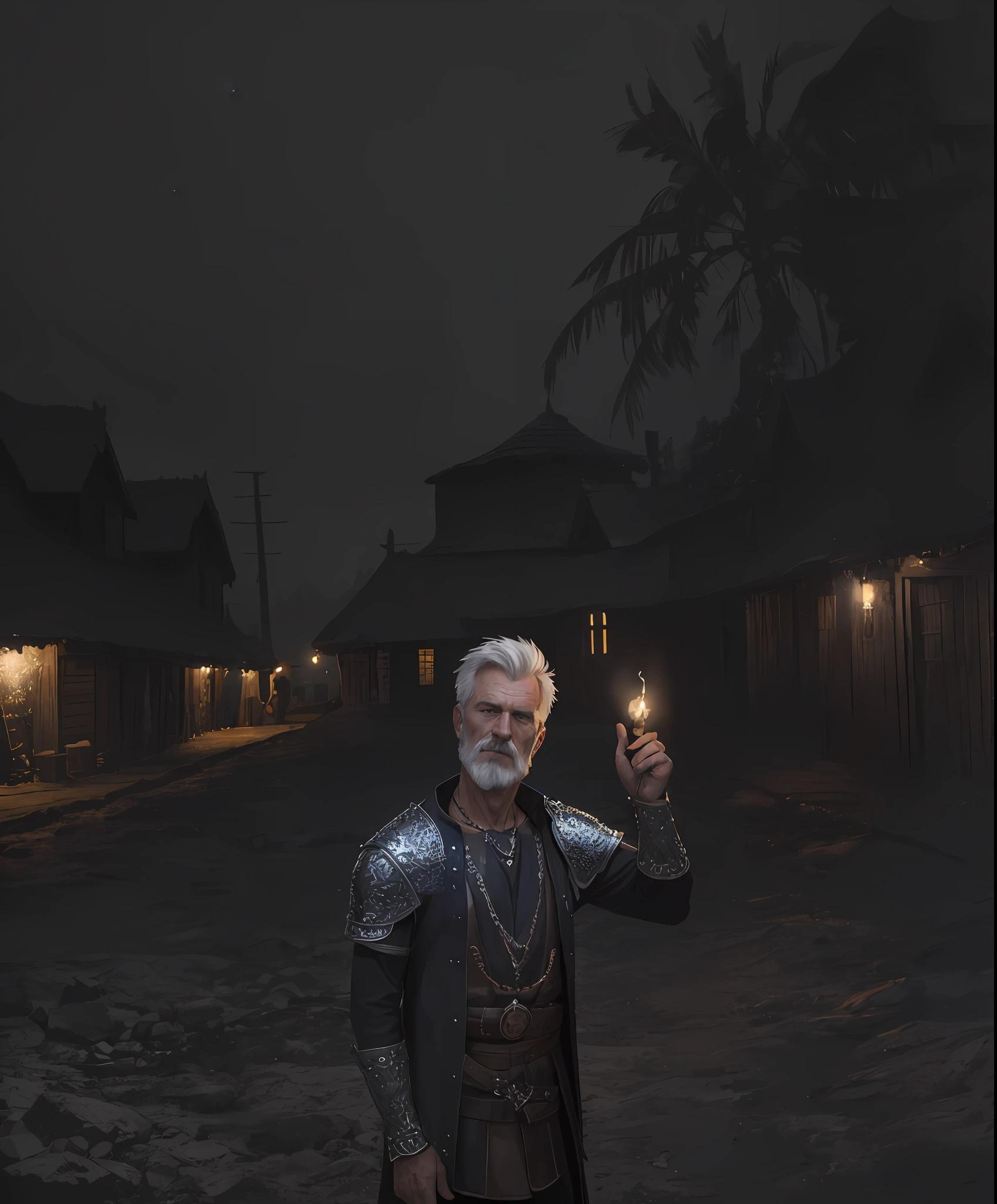 (Highest quality:1.3), cinematic shot, masterpiece, (sharp focus:1.5), (photorealistic:1.3),  medium portrait of (a weary-looking but still proud and fierce-looking old Viking warrior, now the leader of his village, dressed in elaborately detailed chain mail and leather armour, a few torches burn on the walls, giving the scene a dark atmosphere but sculpting the forms in sharp chiaroscuro), it is night time, (highly detailed skin),  (detailed face), detailed background, dark lighting, twilight lighting, volumetric lighting,  intricate details, UHD,