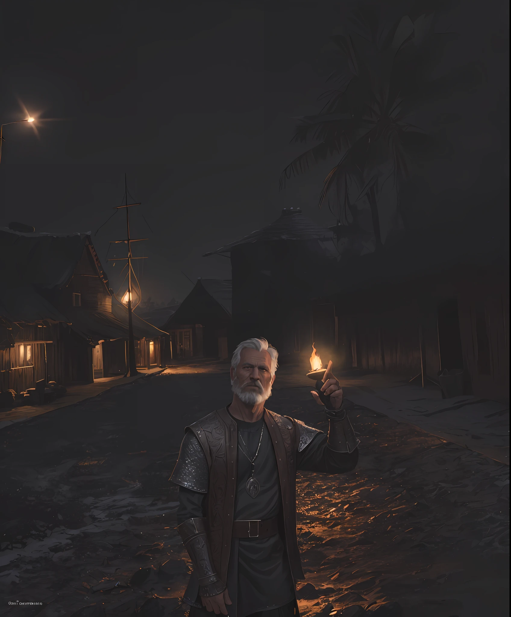 (Highest quality:1.3), cinematic shot, masterpiece, (sharp focus:1.5), (photorealistic:1.3), medium portrait of (a weary-looking but still proud and fierce-looking old Viking warrior, now the leader of his village, dressed in elaborately detailed chain mail and leather armour, a few torches burn on the walls, giving the scene a dark atmosphere but sculpting the forms in sharp chiaroscuro), it is night time, (highly detailed skin), (detailed face), detailed background, dark lighting, twilight lighting, volumetric lighting, intricate details, UHD,