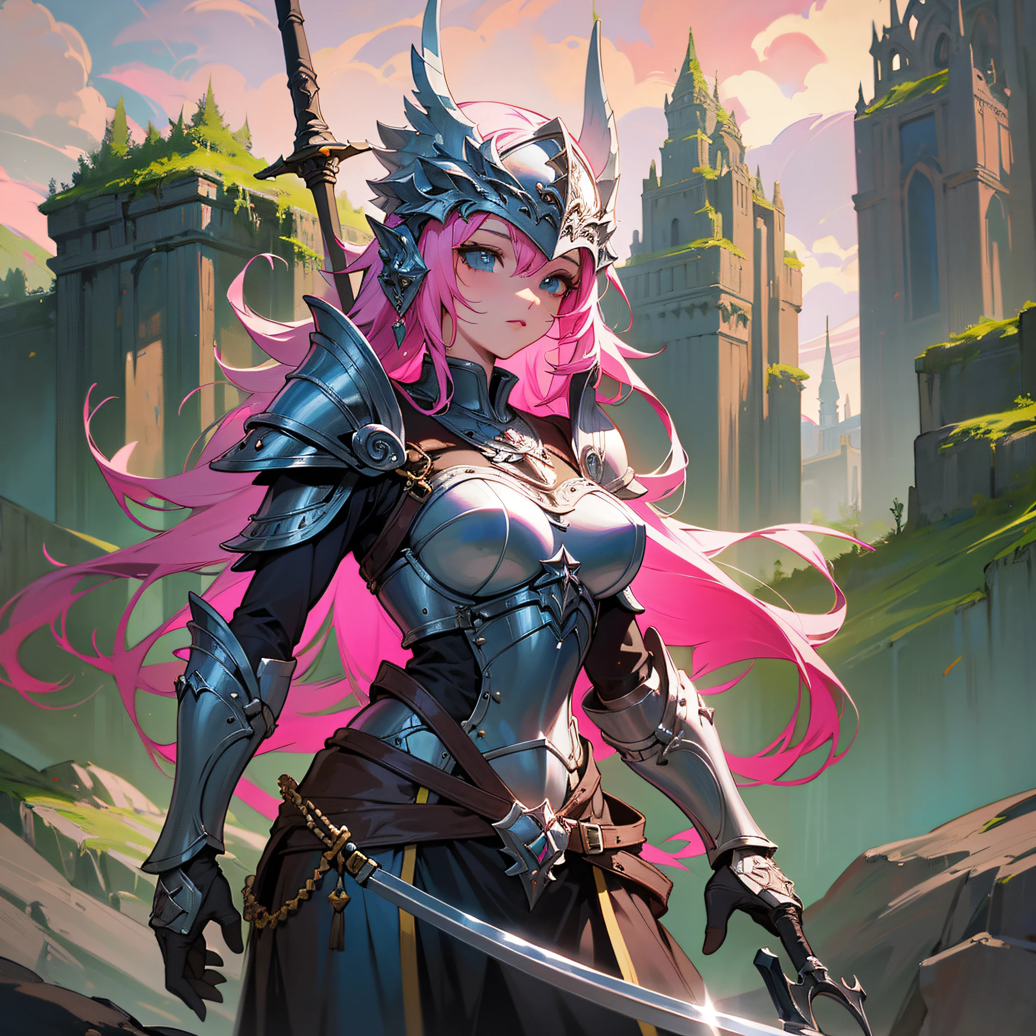 There is a woman in armor with a sword and a helmet, pink hair, Epic Fantasy Digital Art Style, Fantasy Art Behance, Epic Fantasy Art Style HD, Detailed Digital 2D Fantasy Art, Detailed Fantasy Art, Epic Fantasy Art Style, Detailed Fantasy Digital Art, 4K Fantasy Art Art, Epic Fantasy Style Art, 8K Fantasy Art, Digital 2D Fantasy Art,  Aside --auto --s2