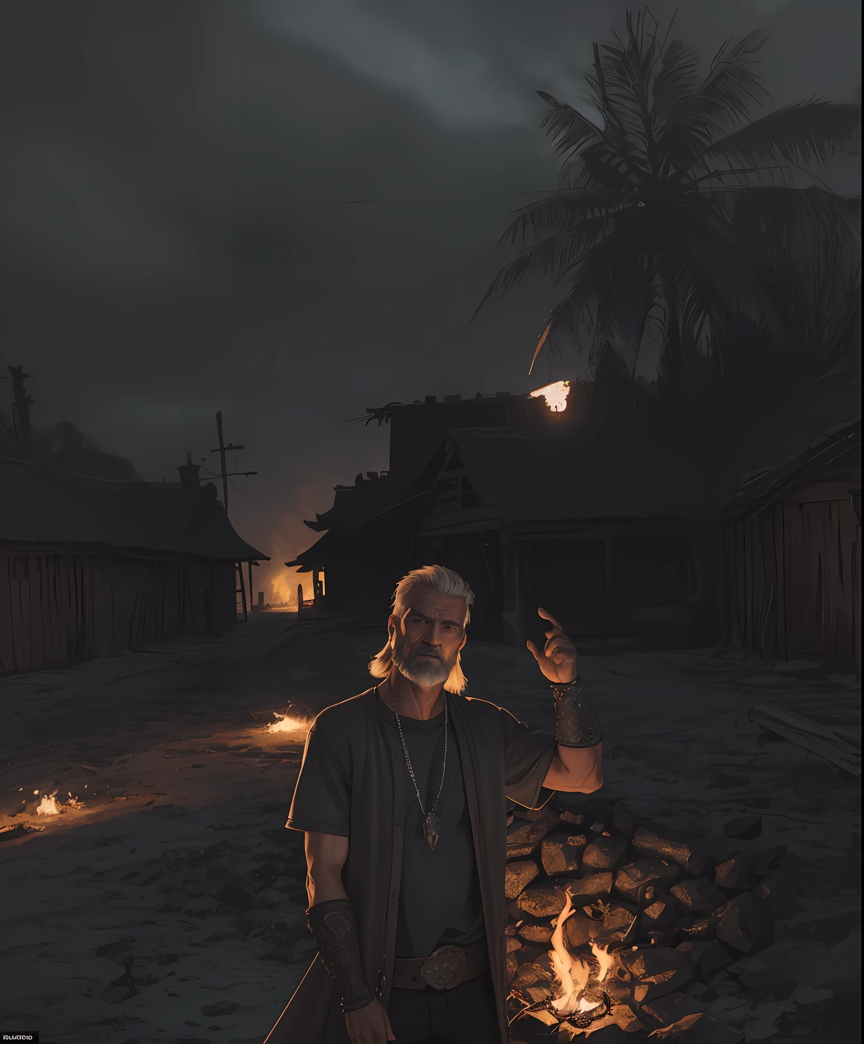 (Highest quality:1.3), cinematic shot, masterpiece, (sharp focus:1.5), (photorealistic:1.3), medium portrait of (a weary-looking but still proud and fierce-looking old Viking warrior, now the leader of his village, dressed in elaborately detailed chain mail and leather armour, a few torches burn on the walls, giving the scene a dark atmosphere but sculpting the forms in sharp chiaroscuro), it is night time, (highly detailed skin), (detailed face), detailed background, dark lighting, twilight lighting, volumetric lighting, intricate details, UHD,