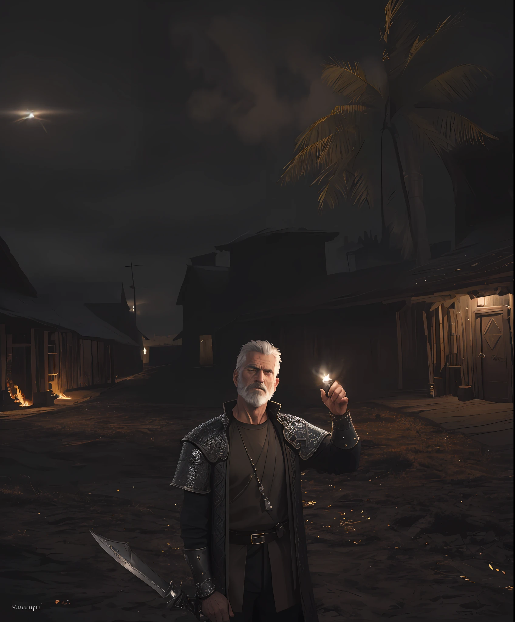 (Highest quality:1.3), cinematic shot, masterpiece, (sharp focus:1.5), (photorealistic:1.3), medium portrait of (a weary-looking but still proud and fierce-looking old Viking warrior, now the leader of his village, dressed in elaborately detailed chain mail and leather armour, a few torches burn on the walls, giving the scene a dark atmosphere but sculpting the forms in sharp chiaroscuro), it is night time, (highly detailed skin), (detailed face), detailed background, dark lighting, twilight lighting, volumetric lighting, intricate details, UHD,