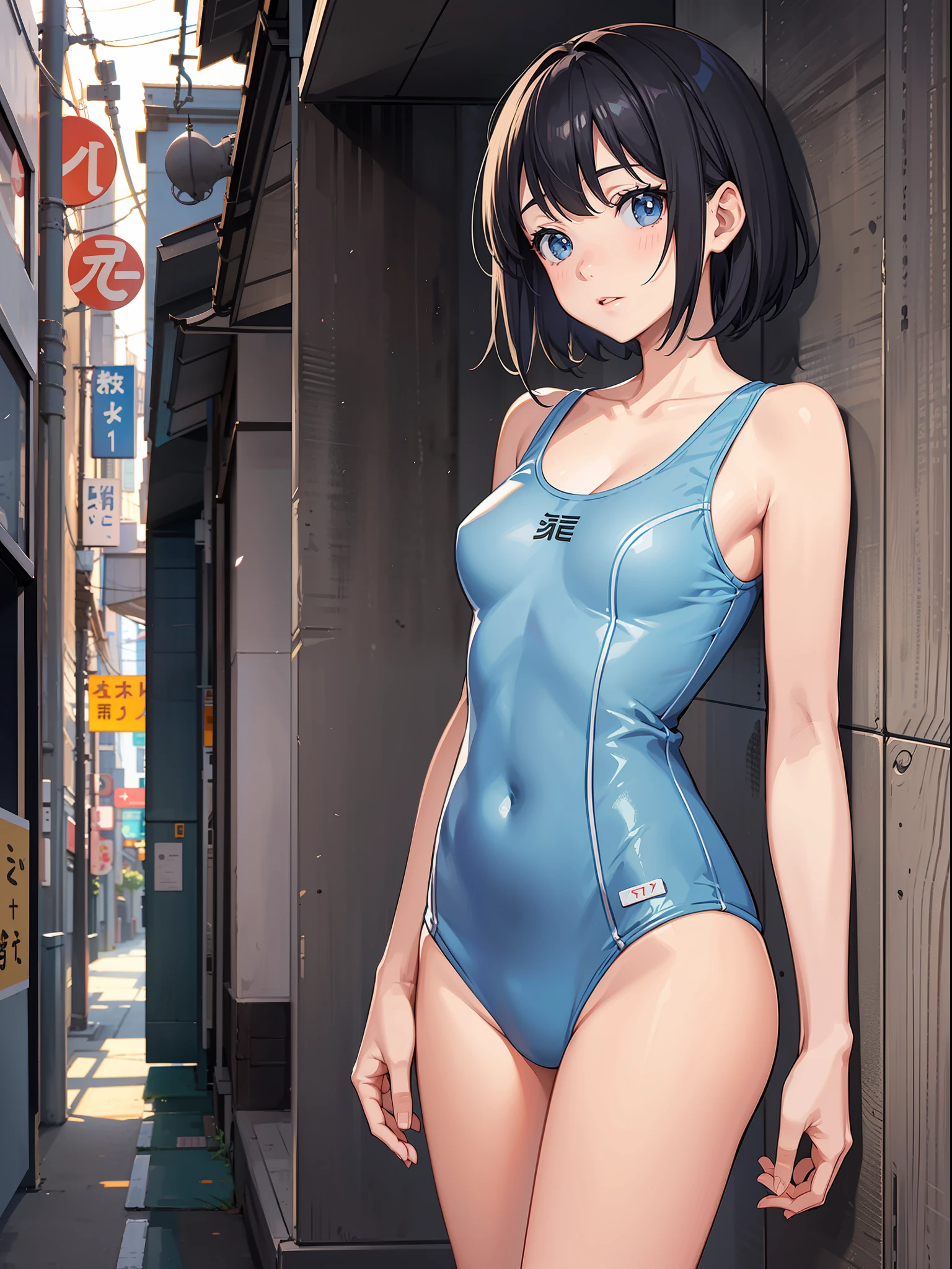 {Japan slender beautiful girl}, high resolution, top quality, super detail, light blue school swimsuit, wedge, fine details, no blush, bite, gray short hair