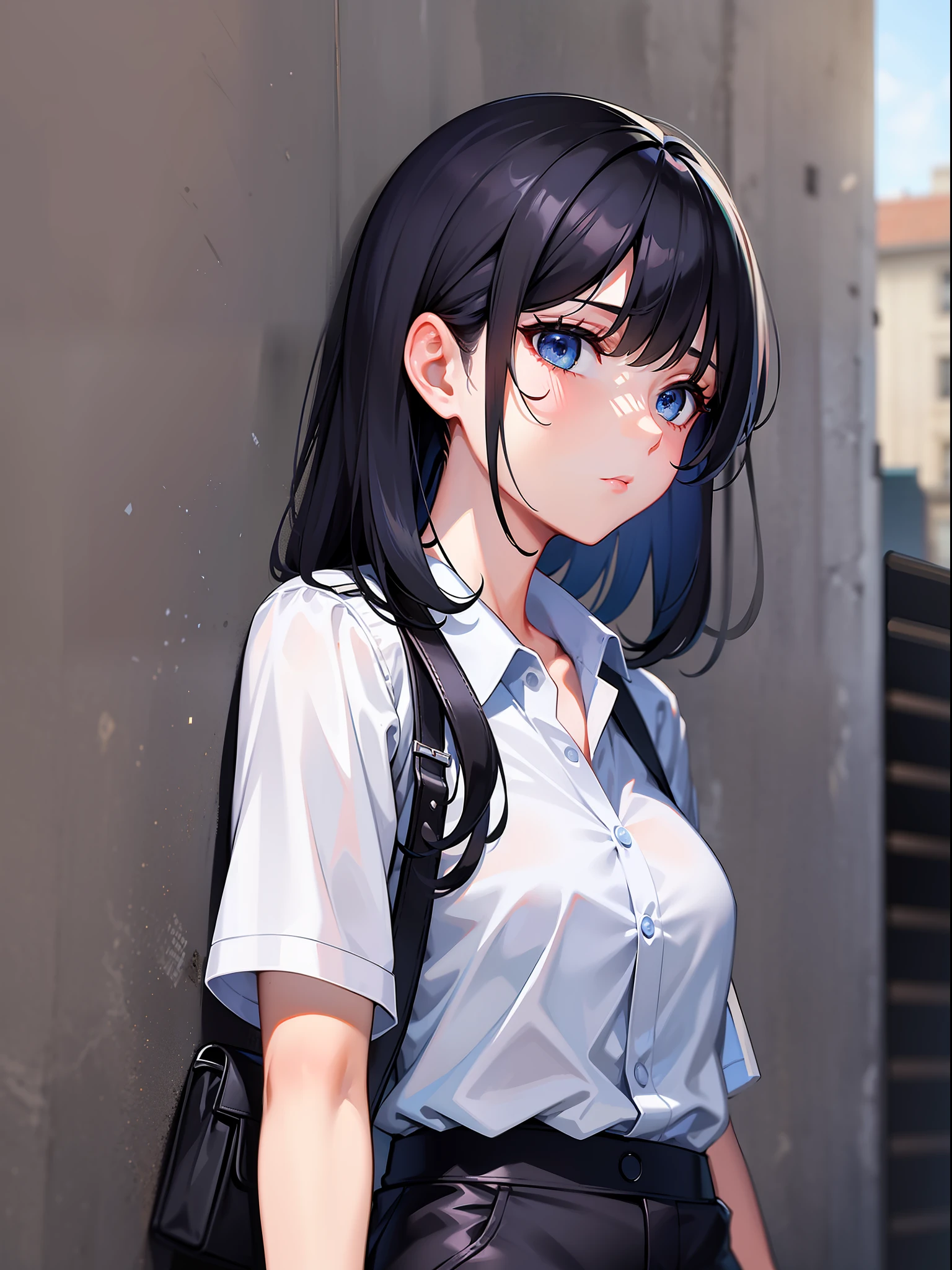 Black hair short, short clothes with white collar sleeves, blue shorts, black pantyhose, girl, outdoor