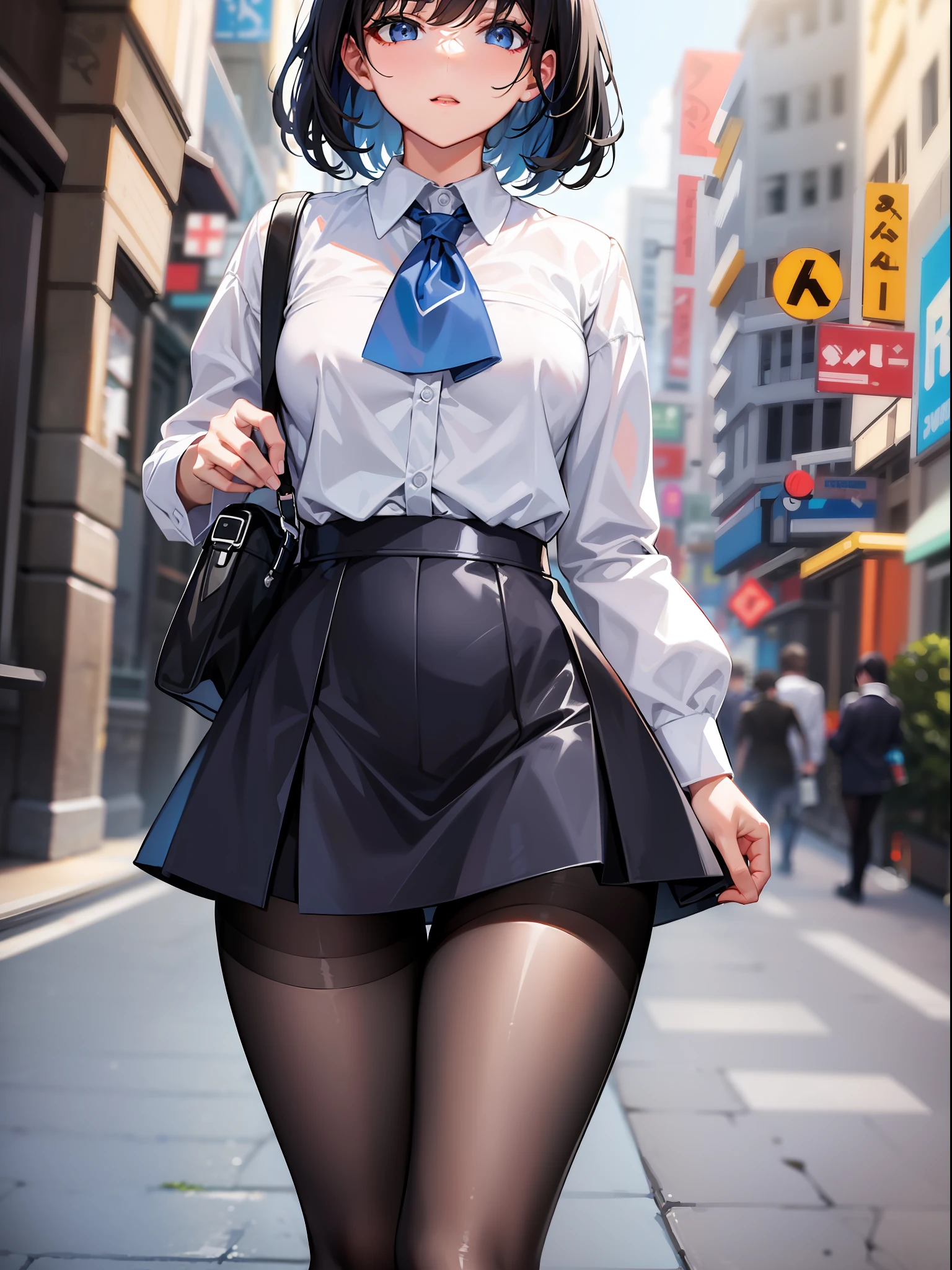 Black hair short, short clothes with white collar sleeves, blue shorts, black pantyhose, girl, outdoor