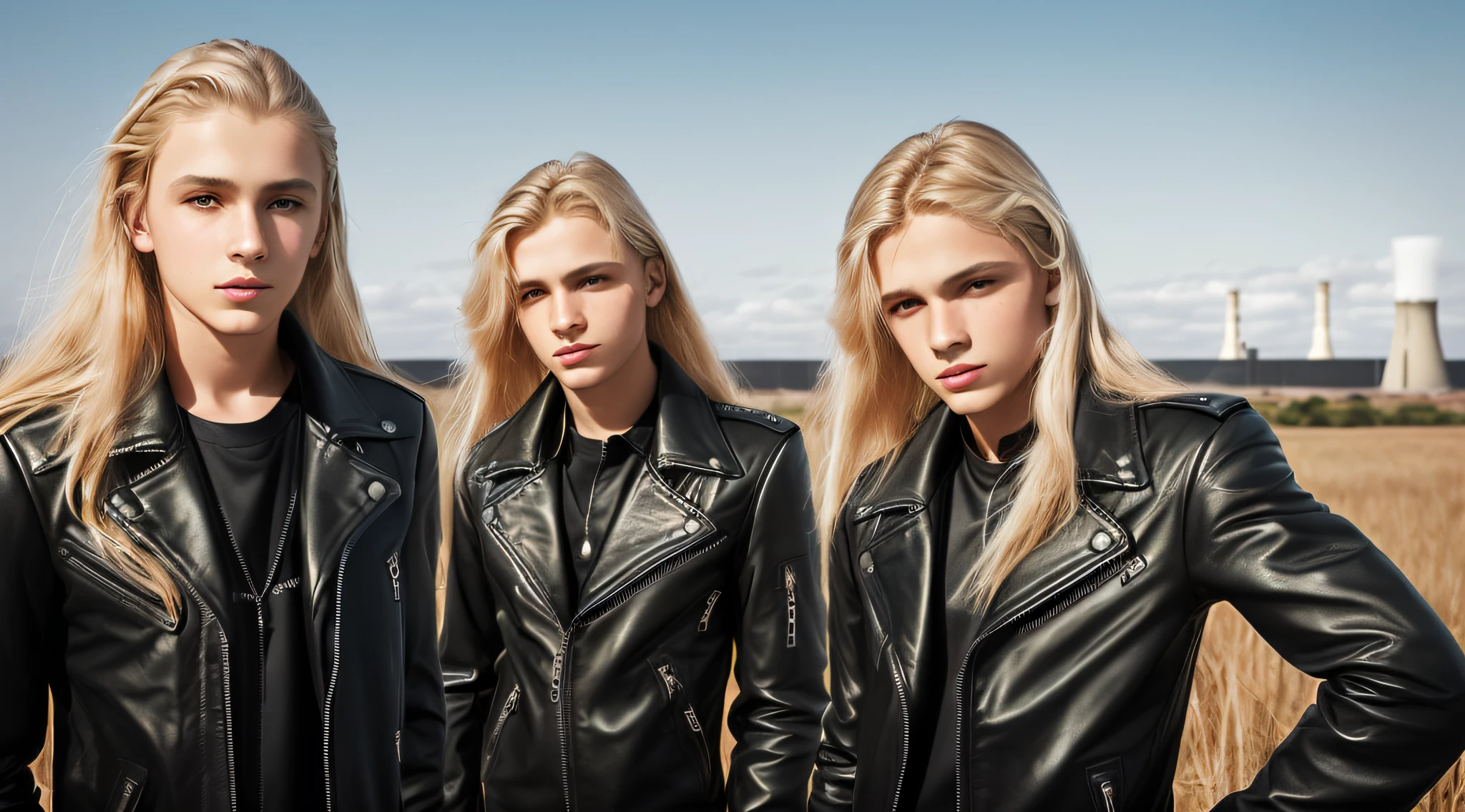 BOYS 14 YEARS OLD, PORTRAIT, WITH LONG BLOND HAIR, WITH BLACK LEATHER JACKETS AND BLACK CLOTHING, nuclear power plant with radioactive barrels in a field, nuclear wasteland, nuclear waste, post-nuclear fallout, future of nuclear energy, nuclear fallout, radioactive wasteland, nuclear energy, nuclear power, nuclear reactor, nuclear aftermath, post-nuclear, nuclear power plant, nuclear, radioactive particles, nuclear art, toxic waste, polluted, radioactive peak field, pollution, RED BACKGROUND.