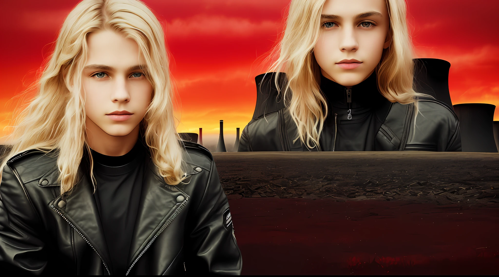 BOYS , PORTRAIT, WITH LONG BLOND HAIR, WITH BLACK LEATHER JACKETS AND BLACK CLOTHING, nuclear power plant with radioactive barrels in a field, nuclear wasteland, nuclear waste, post-nuclear fallout, future of nuclear energy, nuclear fallout, radioactive wasteland, nuclear energy, nuclear power, nuclear reactor, nuclear aftermath, post-nuclear, nuclear power plant, nuclear, radioactive particles, nuclear art, toxic waste, polluted, radioactive peak field, pollution, RED BACKGROUND.
