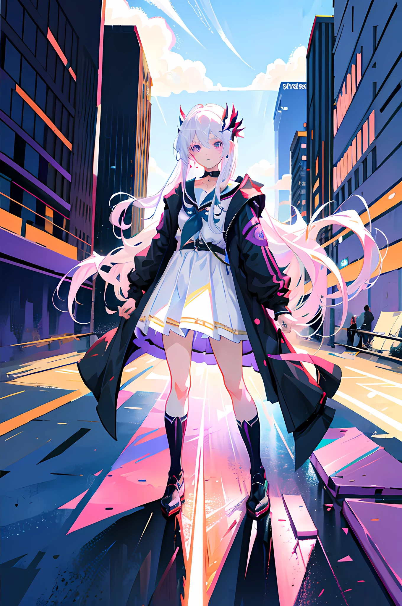 Anime Girl with White Hair and Purple Eyes, Swordsman, Extremely Detailed Artgerm, IG Model | Art Germ, Ross Las Digital Painting, Rosra 1. 0, Rossla 2.0, Rossla 2.5, WLOP Rossdraws, Digital Cyberpunk Anime Art, Best Art Station for Fan Art, :: Rossdraws, Rossdraw ssakimimichan, looking at the audience, full body, facing ahead
