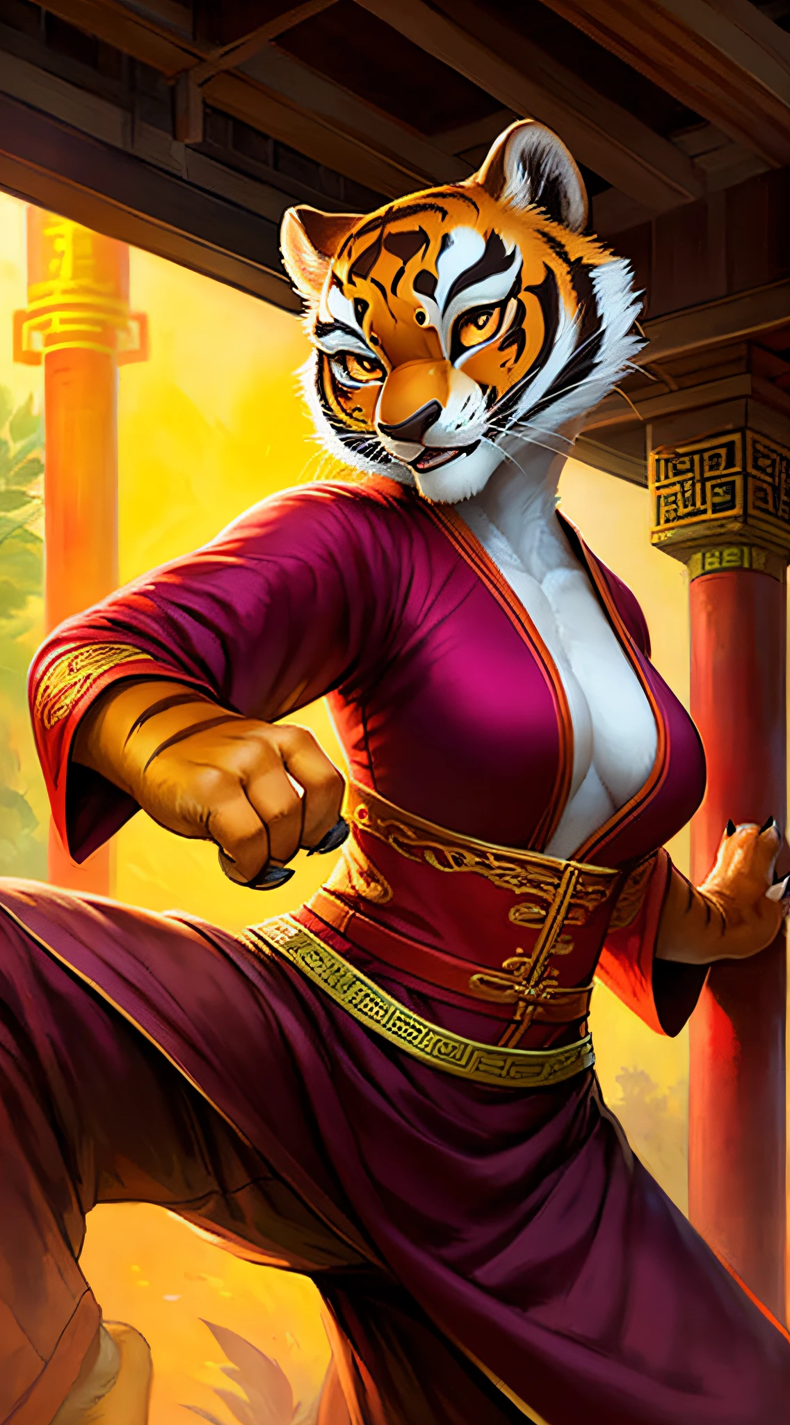 uploaded to e621, raw photo, realistic, anthro, detailed face, detailed fur, high resolution, beautiful and detailed portrait of Tigress from Kung fu Panda, Tigress, Kung fu Panda, 
 kenket, Ross Tran,ruan jia, uploaded to e621, zaush, foxovh, cenematic lighting, Chinese temple bl, small breast, whole body, beautiful, more combative face, solo, 1girl, kung fu clothes, fight pose