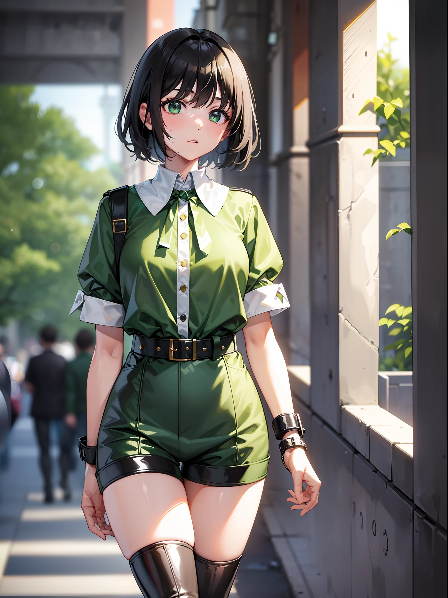 Black hair short, short green clothes with white collar sleeves, green shorts, white waist belt, knee high boots, girl, outdoor