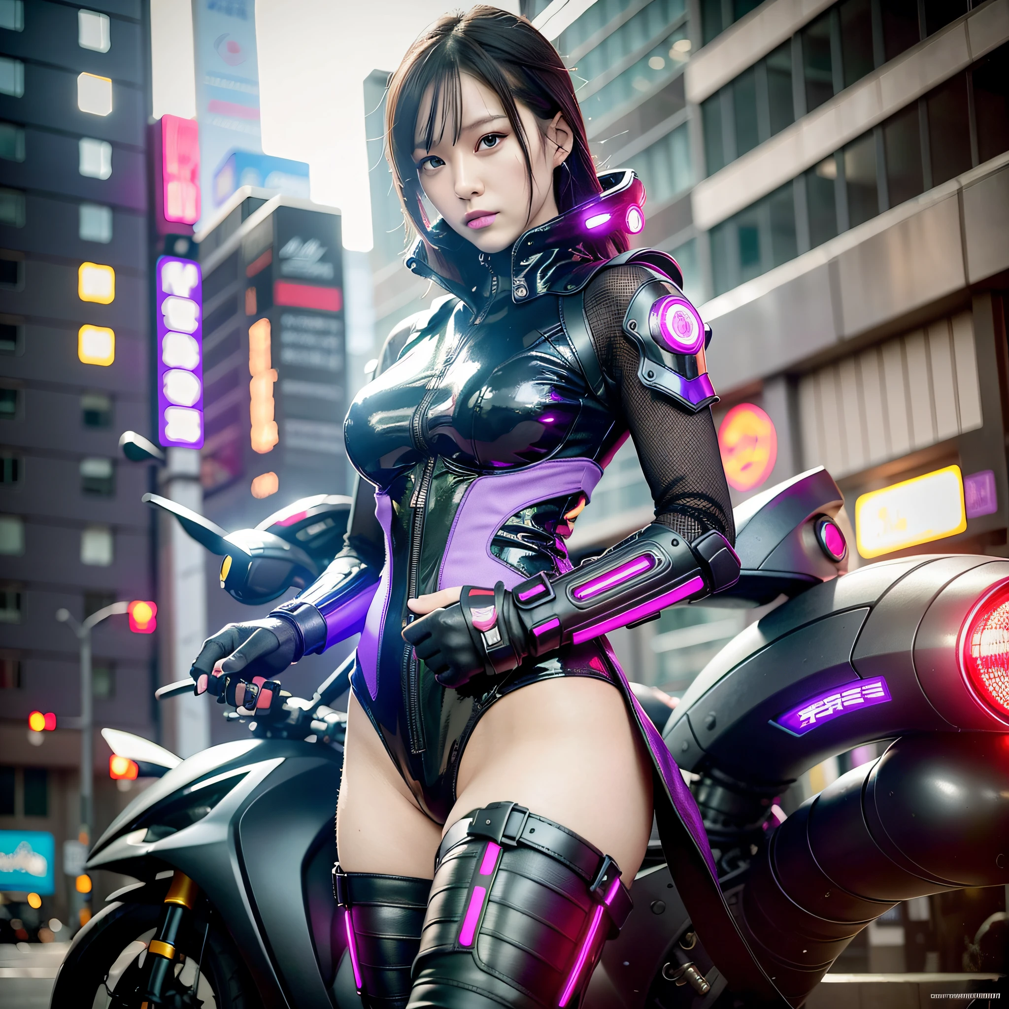 (8k, RAW photos, top quality, masterpiece: 1.2), (realistic, photorealistic: 1.37), girls, Japan people, women in their 30s, brown hair, short cuts, full body, shot with Canon EOS r5, shot with Canon EOS R 5, cyborg, robot parts, 150mm, beautiful studio soft lights, rim lights, vivid details, gorgeous cyberpunk, delicate body, surrealistic, anatomical, facial muscles, cable wires, corsets and black and white costumes with small breasts, there are women wearing techwear and armor, cyberpunk costumes, wearing Japan techwear, intriguing outfits, all-black cyberpunk clothes, cyberpunk style costumes, female cyberpunk anime girls, cyberpunk streetwear, cyberpunk dresses, anime girl cosplay, techwear women pictures, cyberpunk anime girls, wearing cyberpunk streetwear, maid clothes, eye shadow dark eyes, bright red lips, bare skin, realistic skin, professional lighting, large skin area, tattoos, armpit hair, bitten crotch, tattoos many, smart, full body, cyborg, elegant, Beautiful background, octane rendering, HR giger style, purple, high heels