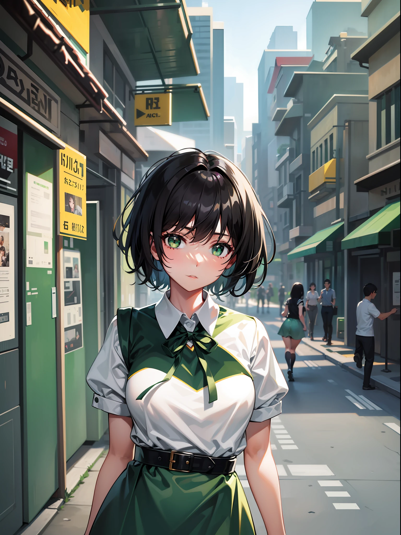 Black hair short, short green clothes with white collar sleeves, green shorts, white waist belt, white shoes, girl, outdoor
