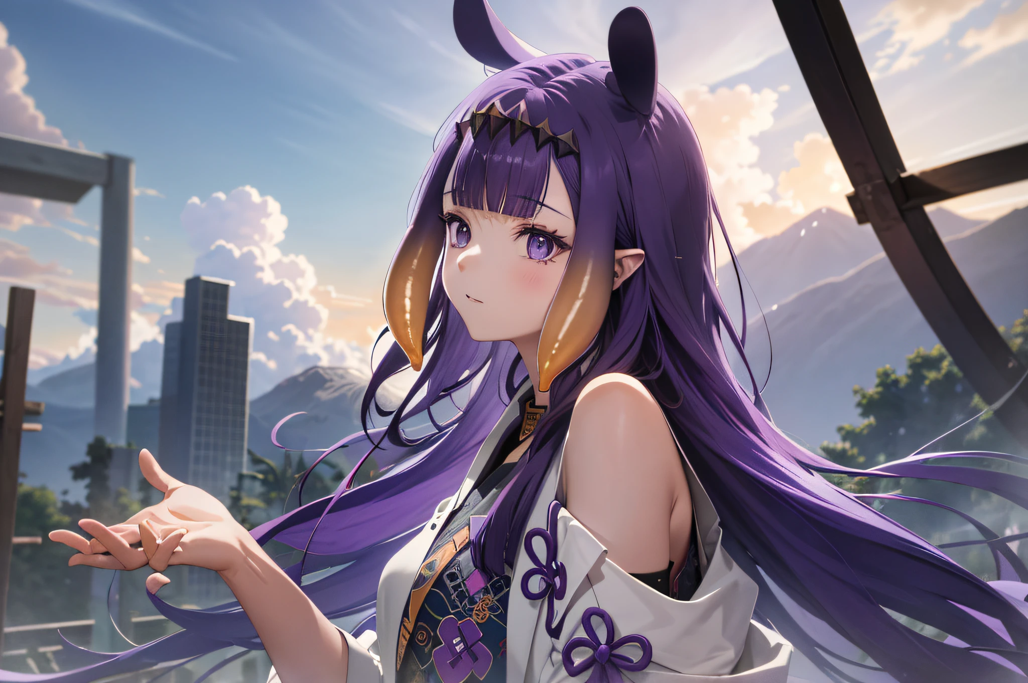 (人物: Ninomae Ina'Nis), {purple hair}, tentacle hair, purple eyes, absurdres, highres, (official art, beautiful and aesthetic:1.2), close view,
shining sky, vast world, girl, gazing, awe-inspiring expression, distant horizon, clouds, high hill, natural beauty, inspiration, light effects,