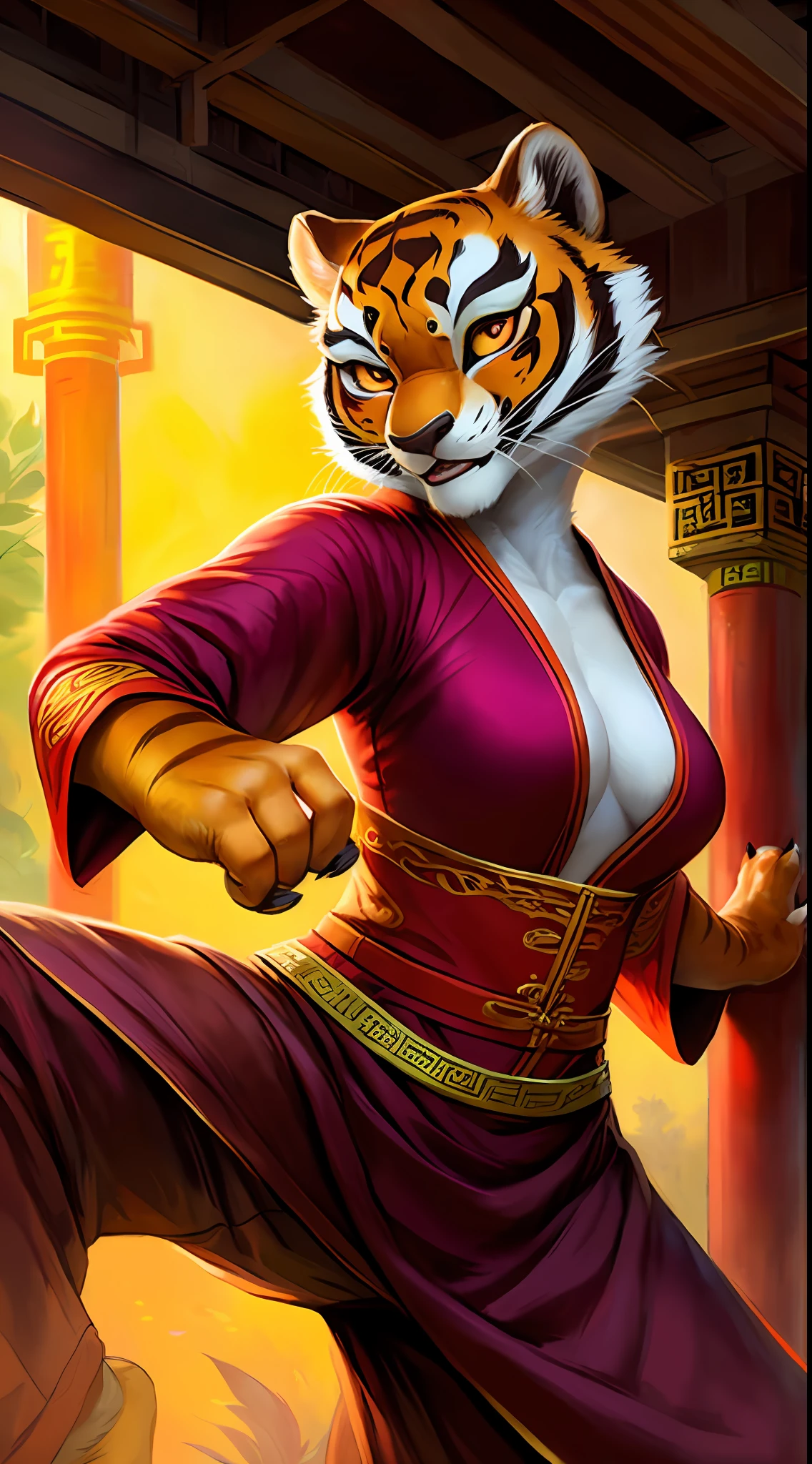 uploaded to e621, raw photo, realistic, anthro, detailed face, detailed fur, high resolution, beautiful and detailed portrait of Tigress from Kung fu Panda, Tigress, Kung fu Panda,
kenket, Ross Tran,ruan jia, uploaded to e621, zaush, foxovh, cenematic lighting, Chinese temple bl, small breast, whole body, beautiful, more combative face, solo, 1girl, kung fu clothes, fight pose