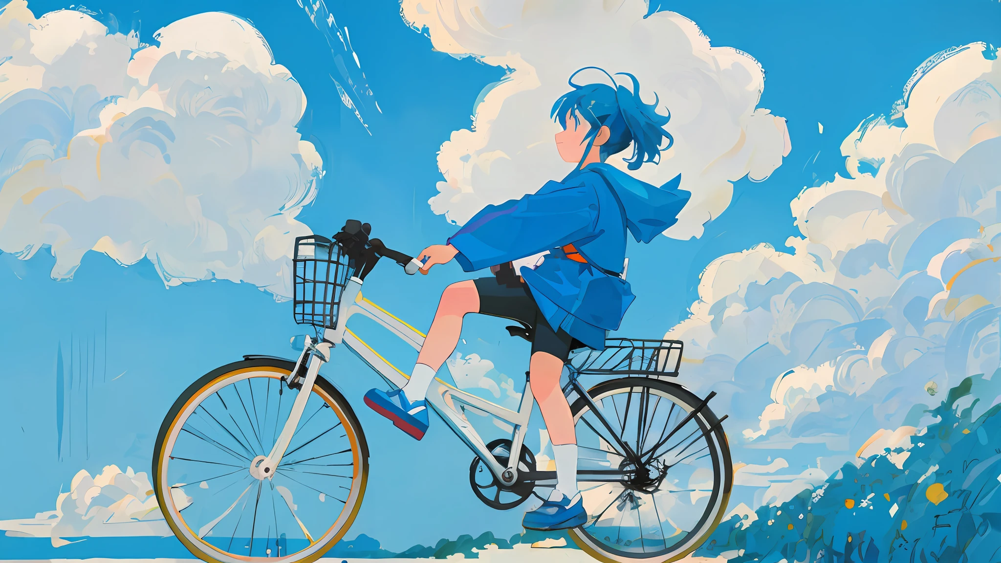 A  riding a bicycle with blue sky and white clouds on the background, bold lines and solid colors, Japanese manga style