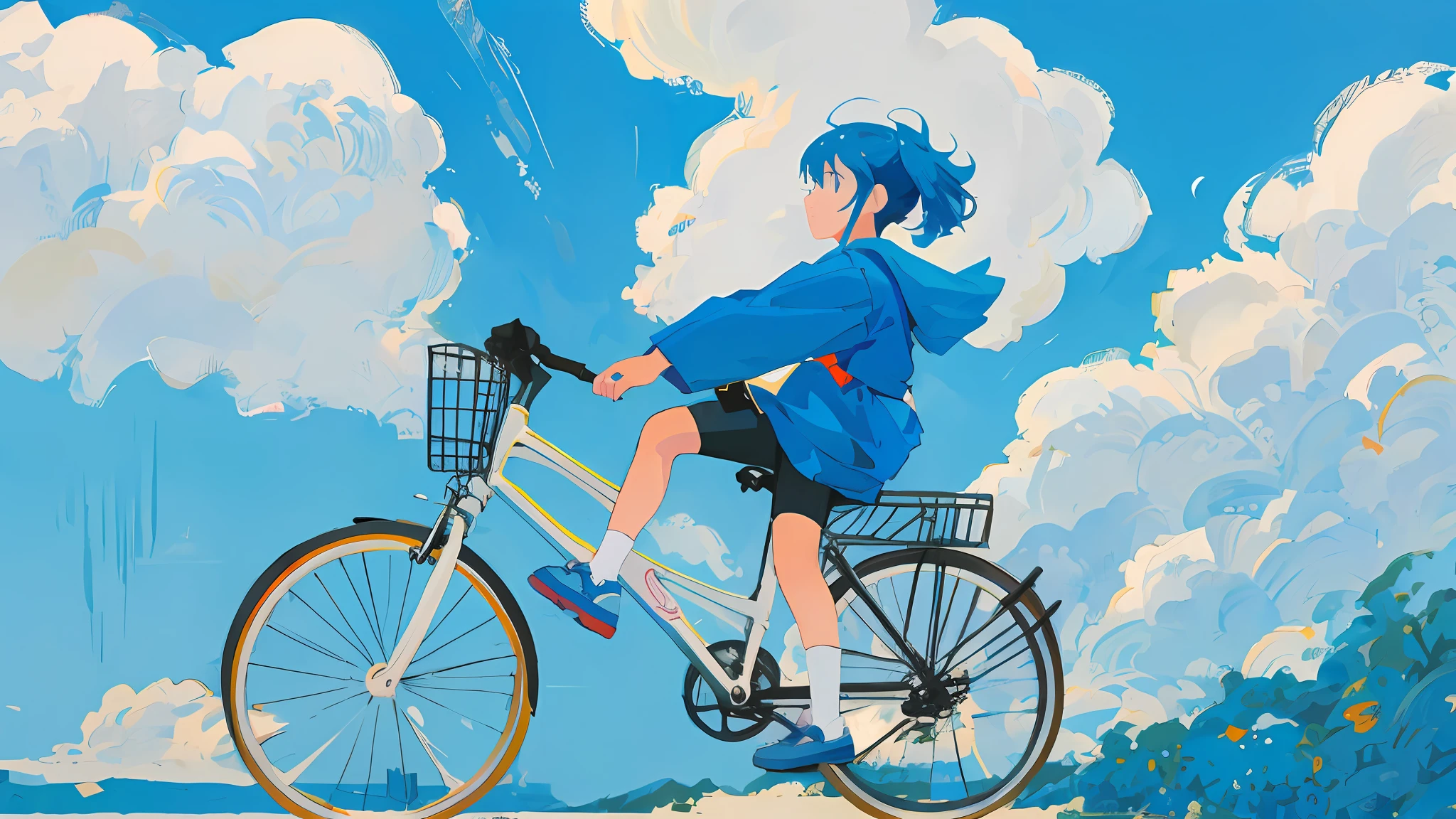 A little girl riding a bicycle with blue sky and white clouds on the background, bold lines and solid colors, Japanese manga style