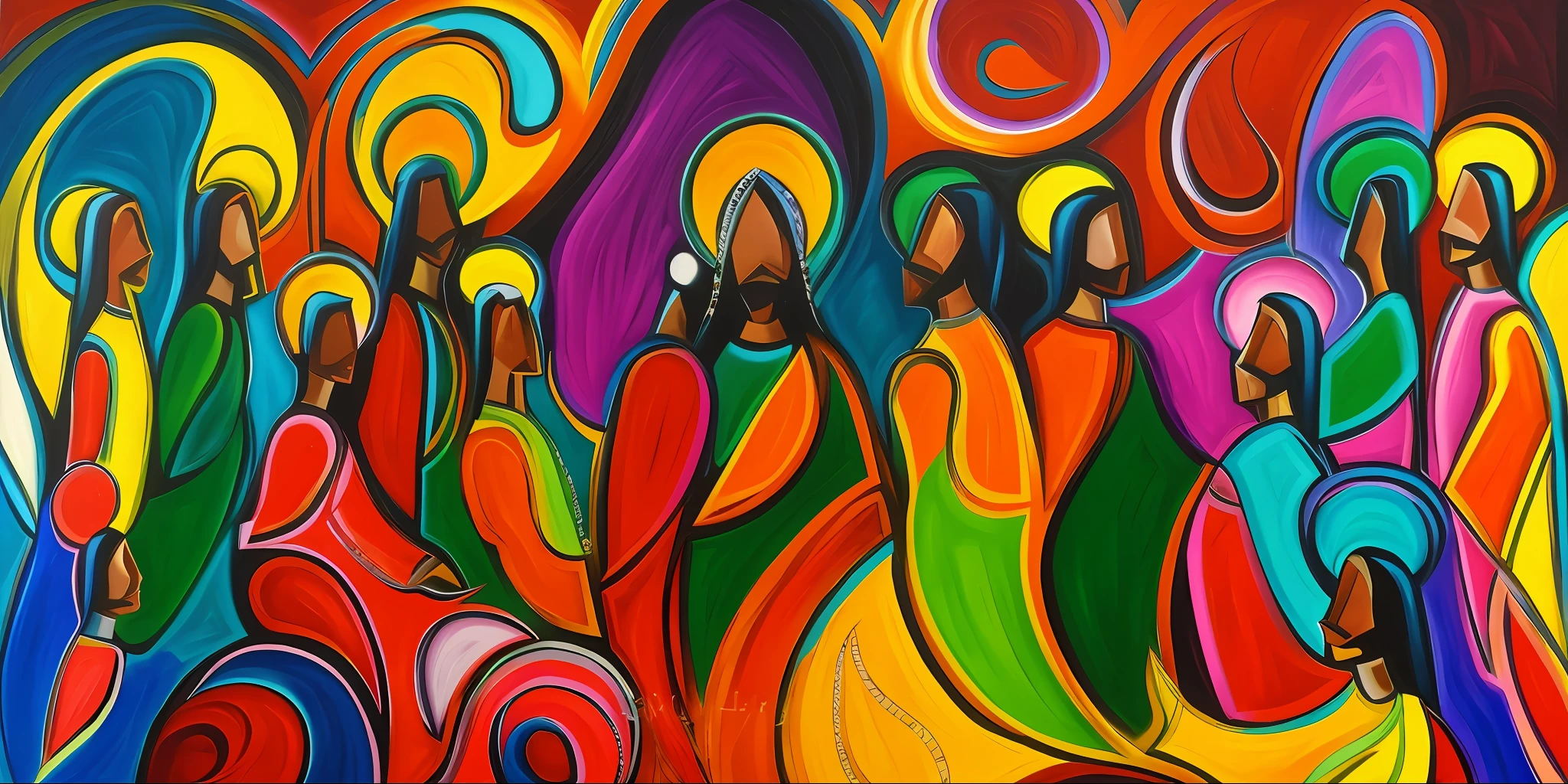 painting of a group of people with colorful shapes on a wall, brightly coloured oil on canvas, colourful artwork, spiritual abstract forms, religious painting, inspired by El Greco, gouache on canvas, colourful, by Meredith Dillman, last supper composition, inspired by Duccio, looking this way, stylised painting, expressionist painting, by Nancy Carline --auto --s2