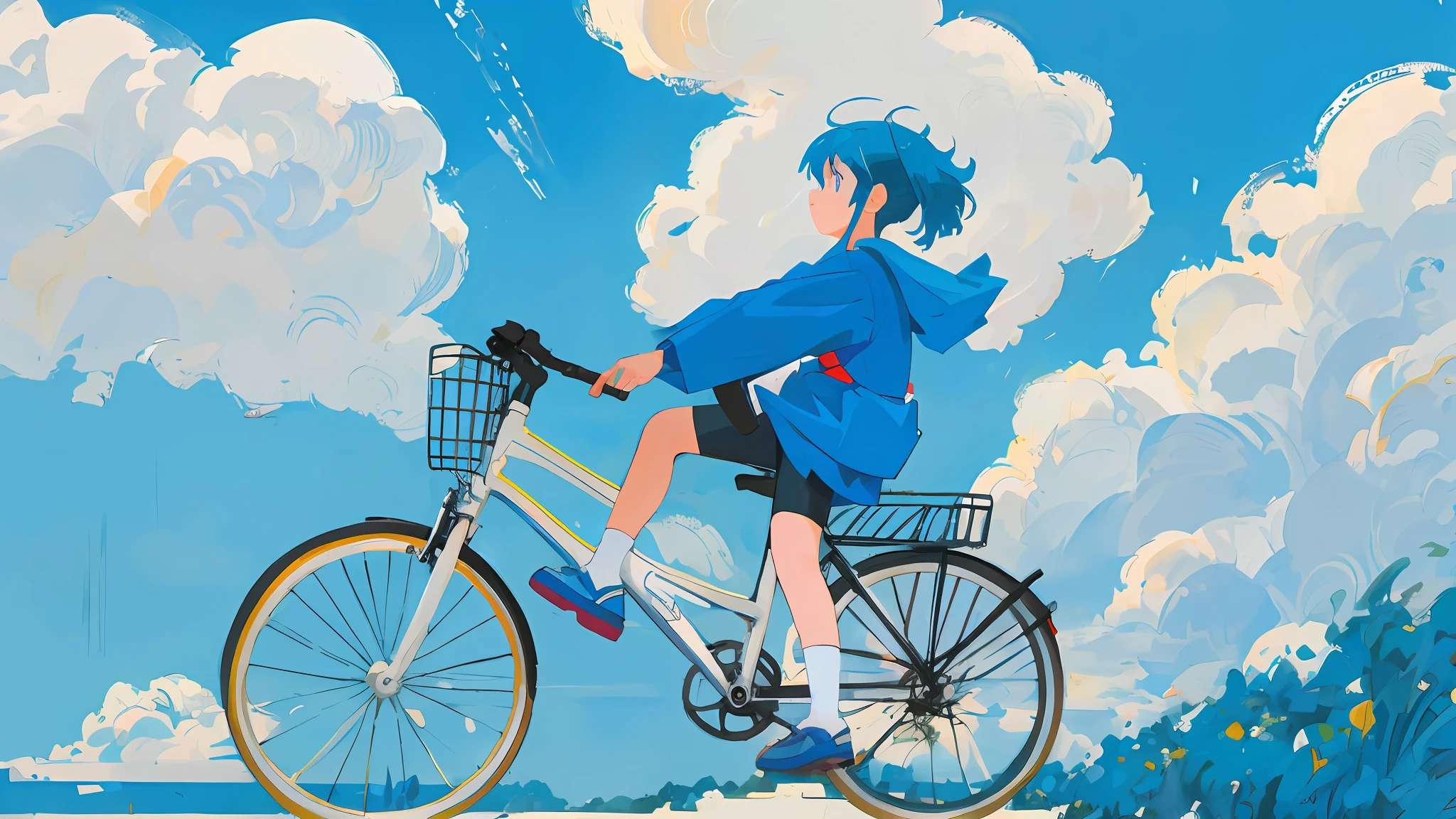 A little girl riding a bicycle with blue sky and white clouds on the background, bold lines and solid colors, Japanese manga style