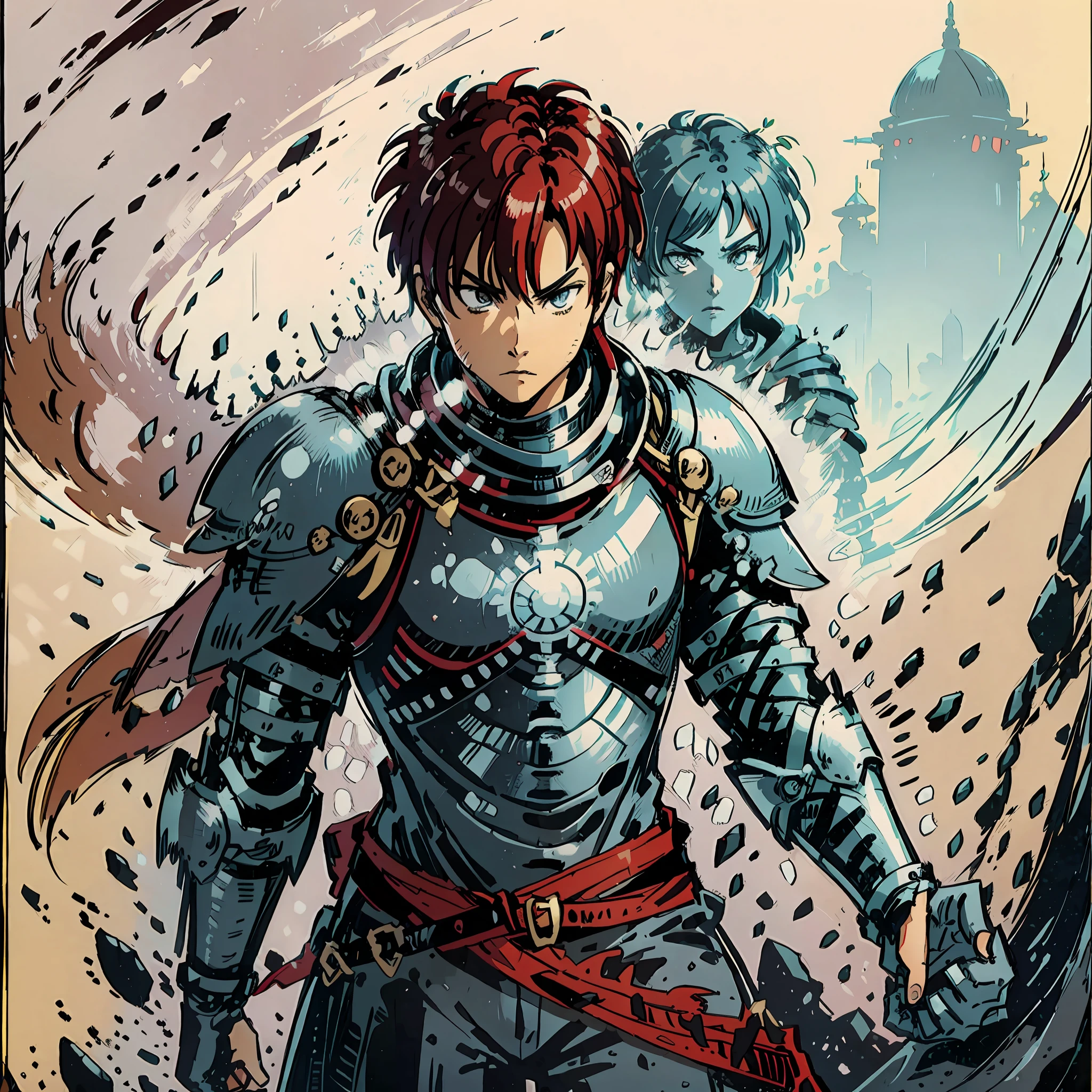 cartoon style. A young warrior in his iron armor with a sword behind his back